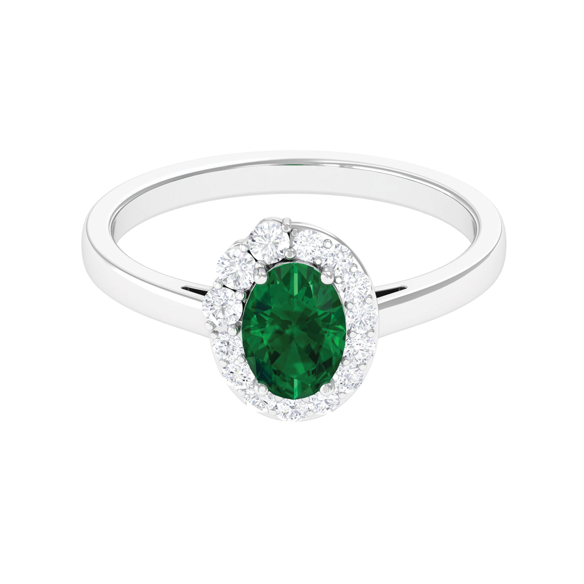 Rosec Jewels-Oval Shape Created Emerald and Diamond Classic Halo Engagement Ring