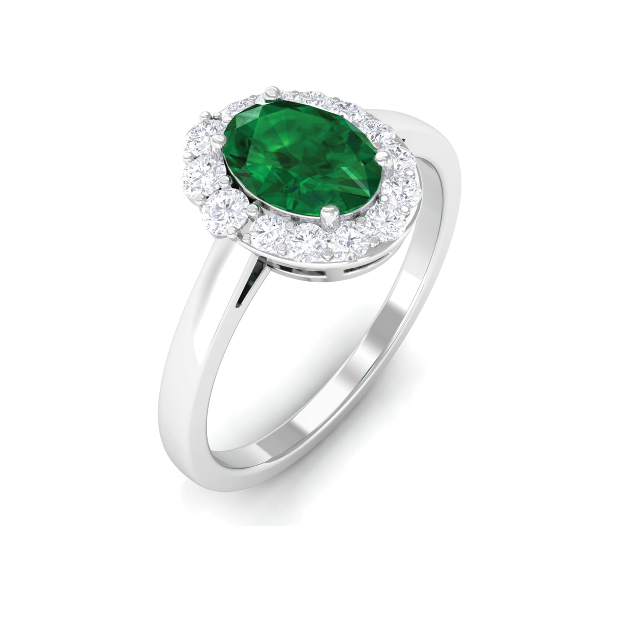 Rosec Jewels-Oval Shape Created Emerald and Diamond Classic Halo Engagement Ring