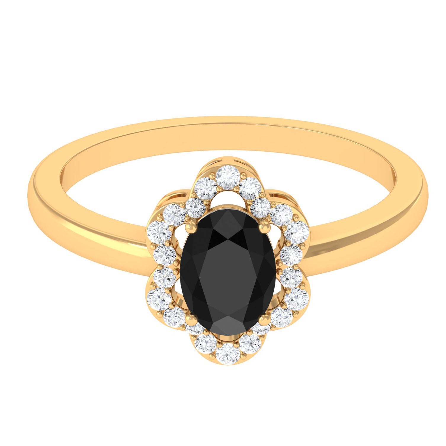 Rosec Jewels-1.25 CT Oval Black Onyx Cocktail Engagement Ring with Diamond Floral Halo