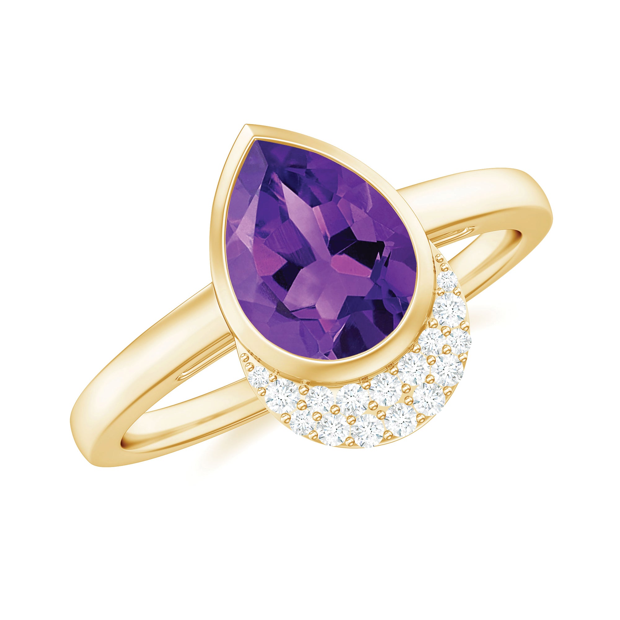 Rosec Jewels-Bezel Set Amethyst Teardrop Cocktail Ring with Diamond Accent