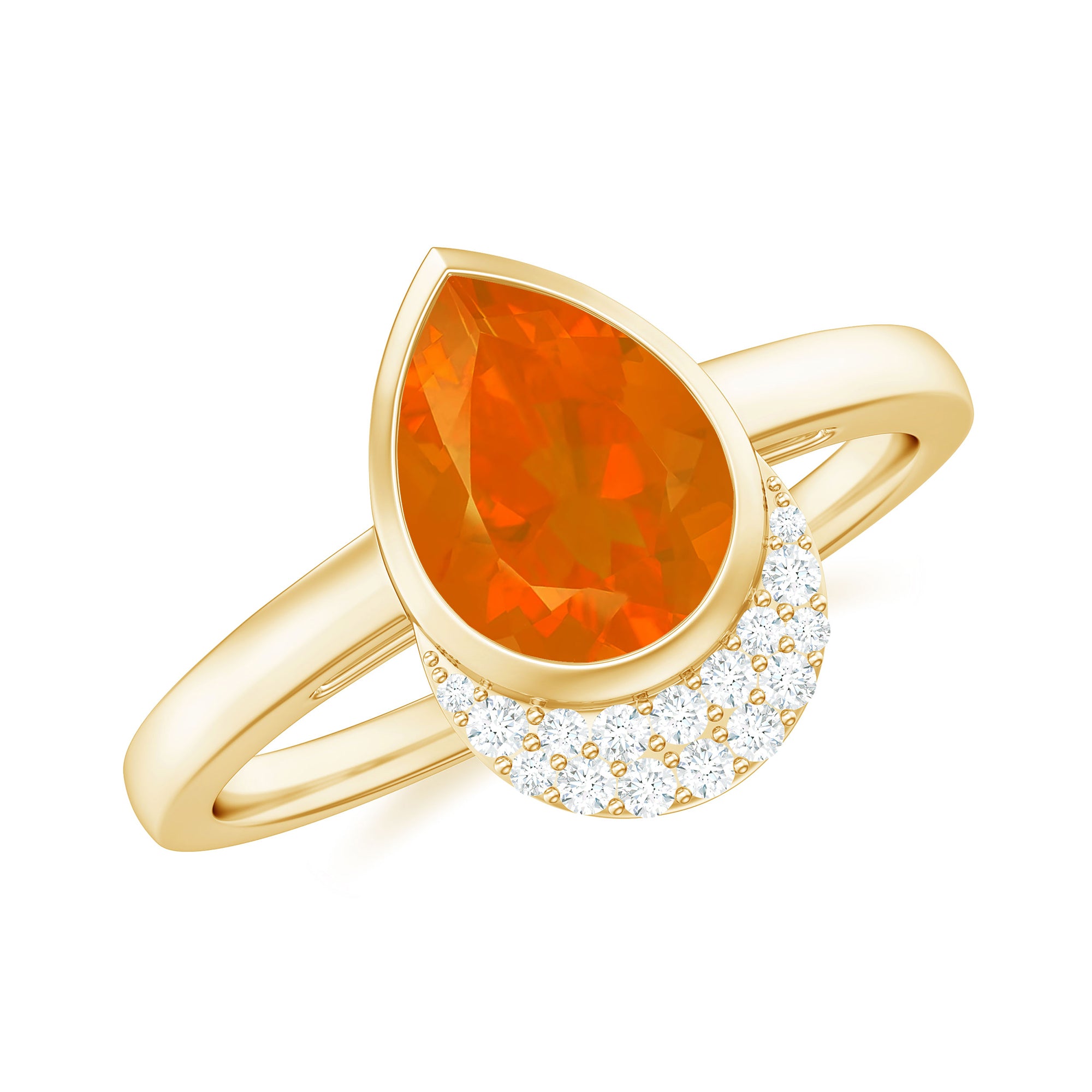 Rosec Jewels-Bezel Set Fire Opal Teardrop Cocktail Engagement Ring with Diamond Accent