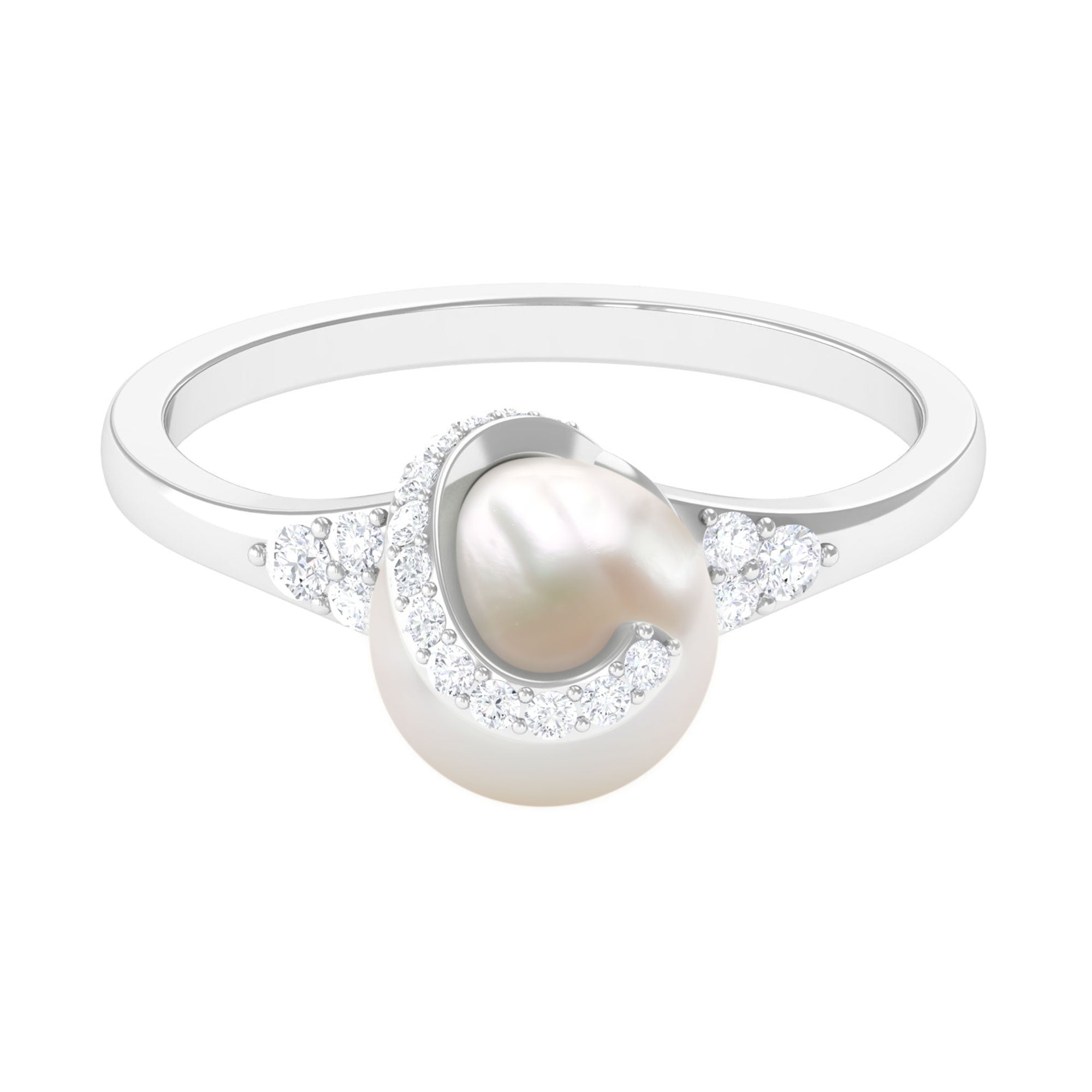 Rosec Jewels-Elegant Freshwater Pearl Solitaire Ring with Diamond Trio