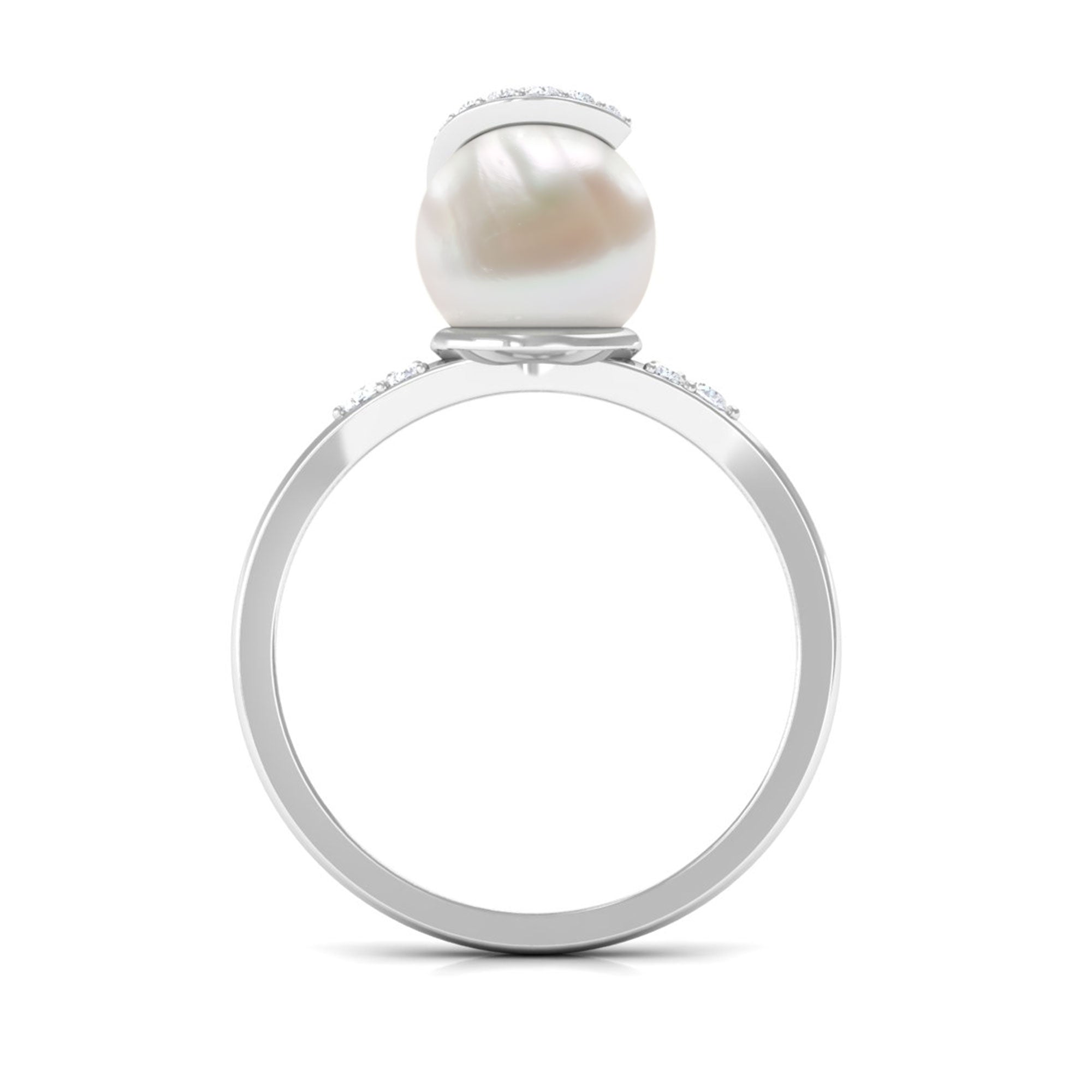 Rosec Jewels-Elegant Freshwater Pearl Solitaire Ring with Diamond Trio