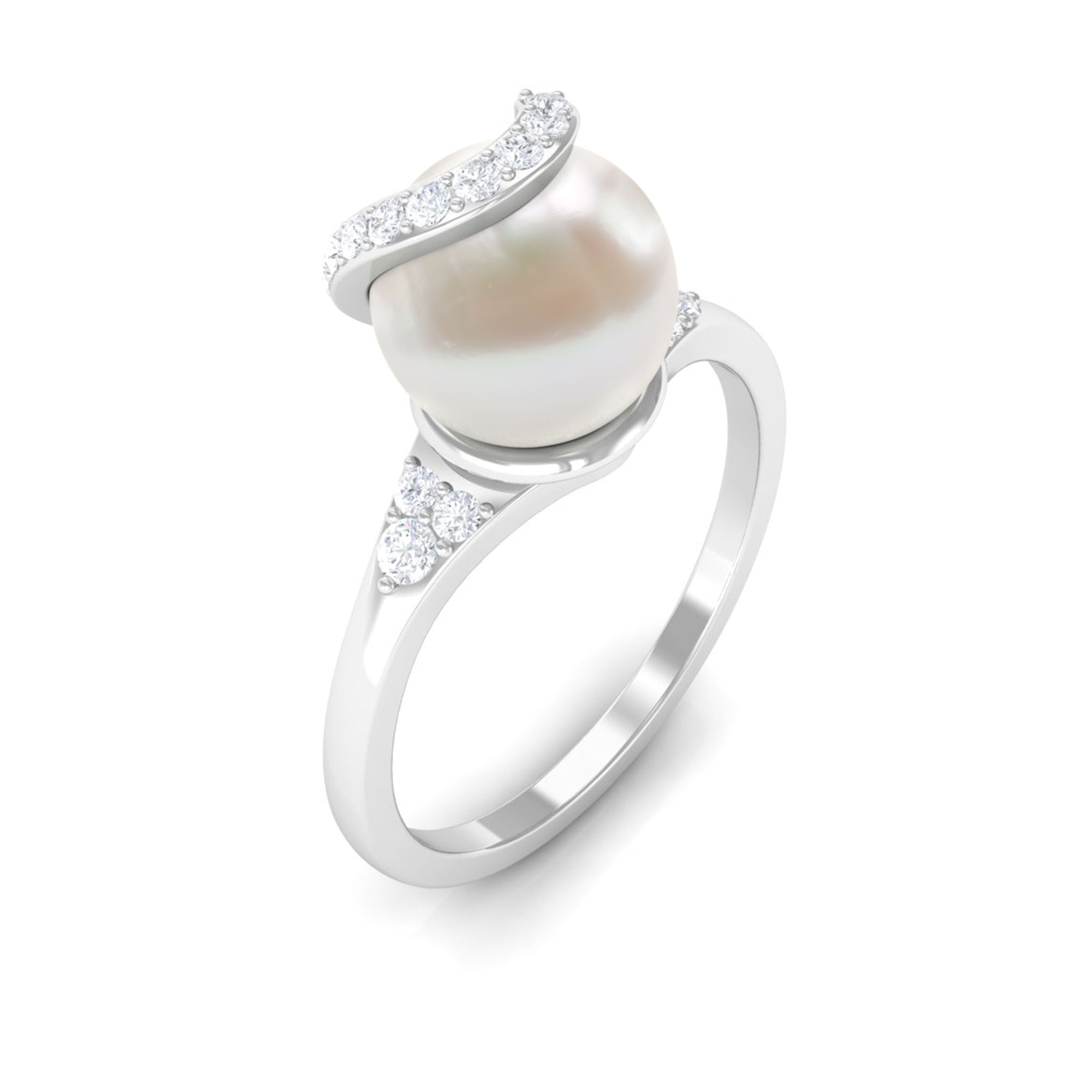 Rosec Jewels-Elegant Freshwater Pearl Solitaire Ring with Diamond Trio