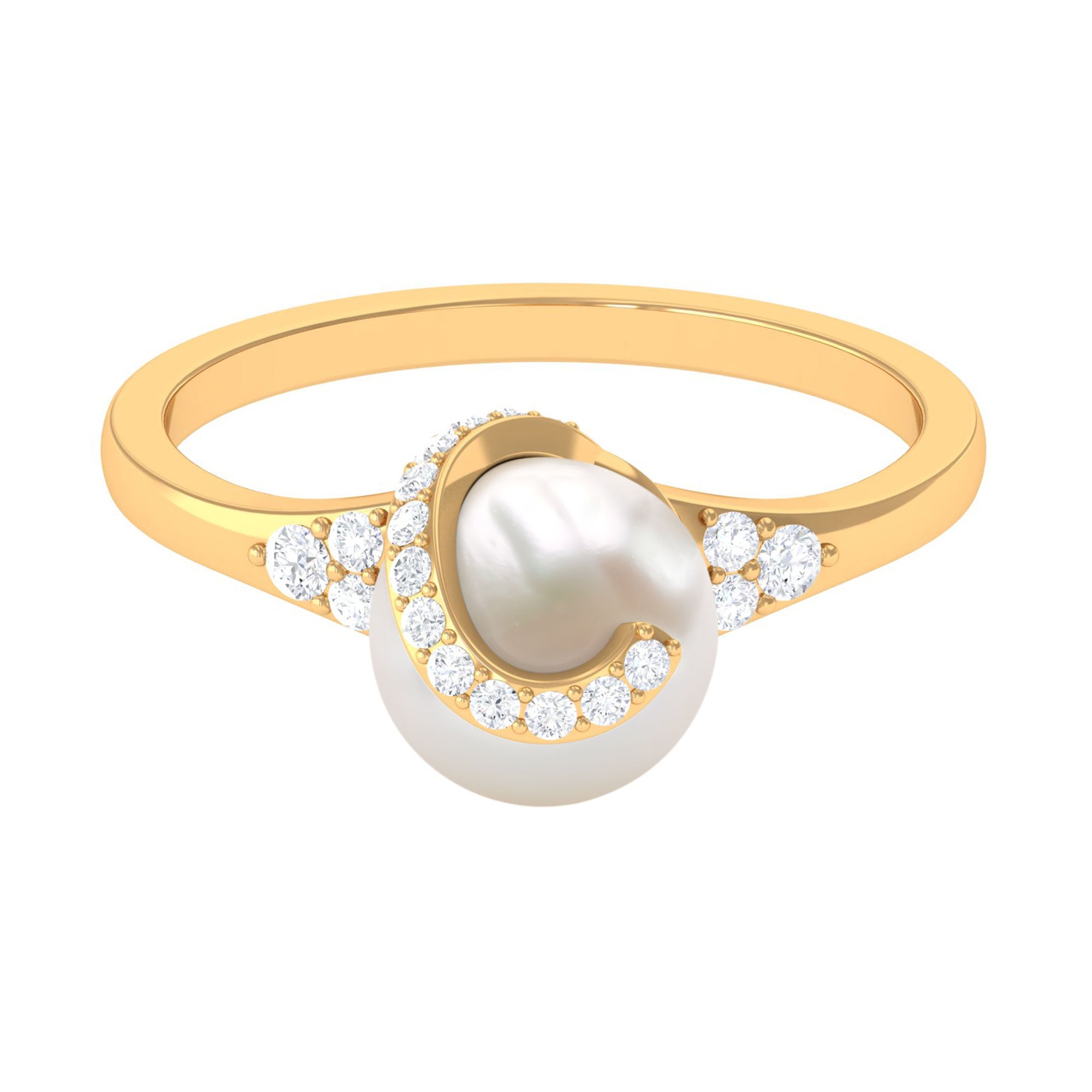 Rosec Jewels-Elegant Freshwater Pearl Solitaire Ring with Diamond Trio