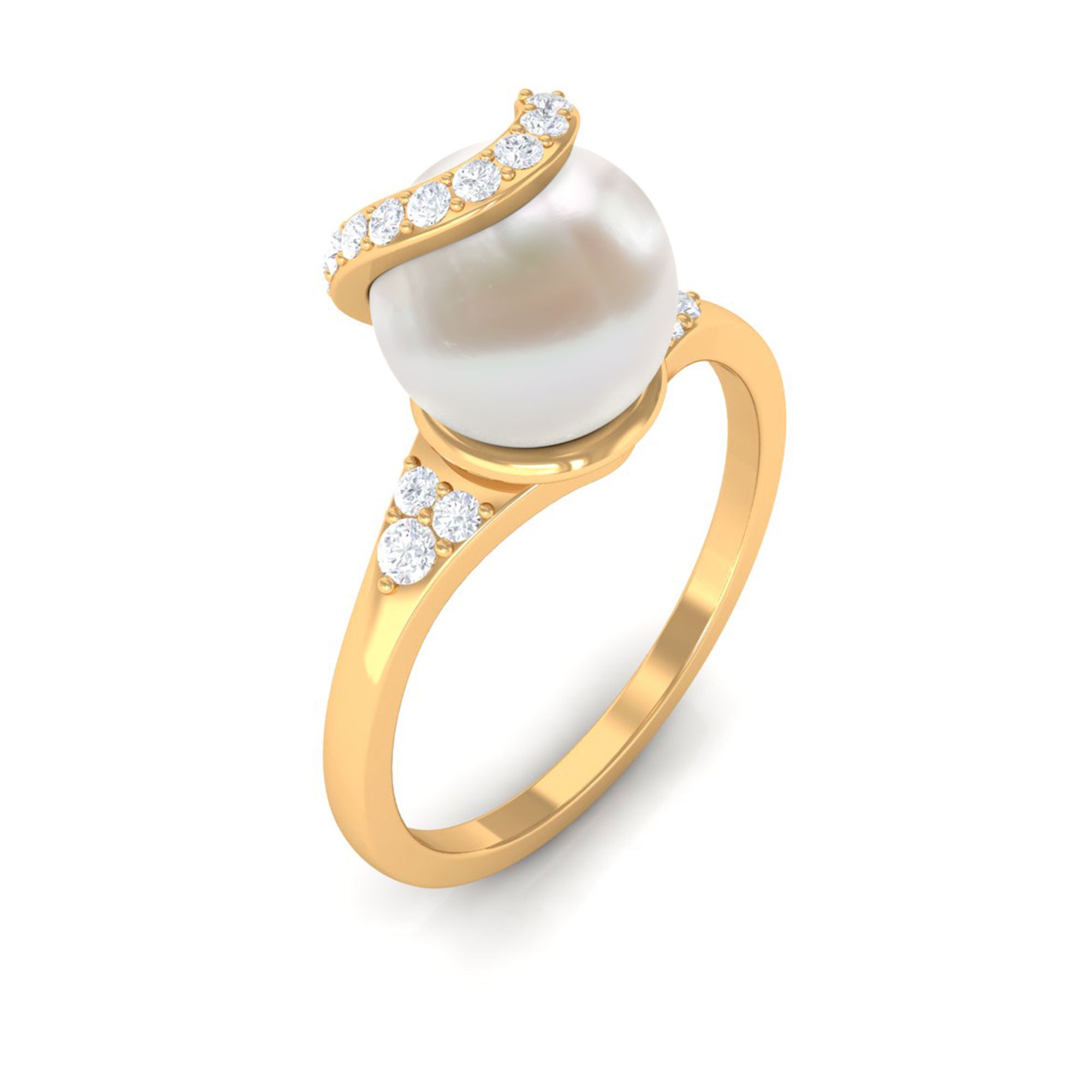 Rosec Jewels-Elegant Freshwater Pearl Solitaire Ring with Diamond Trio