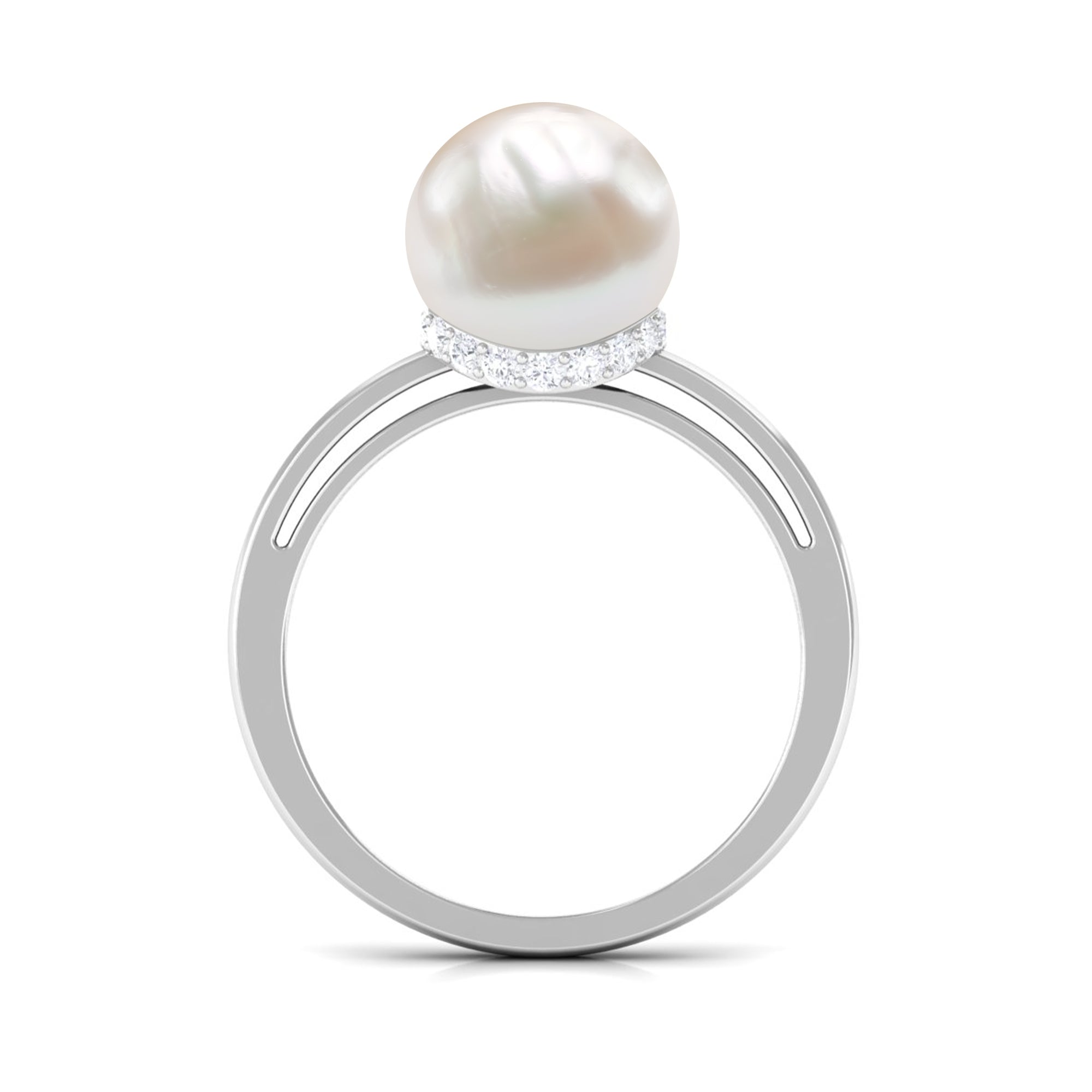 Rosec Jewels-Round Freshwater Pearl Solitaire Ring with Diamond Hidden Halo