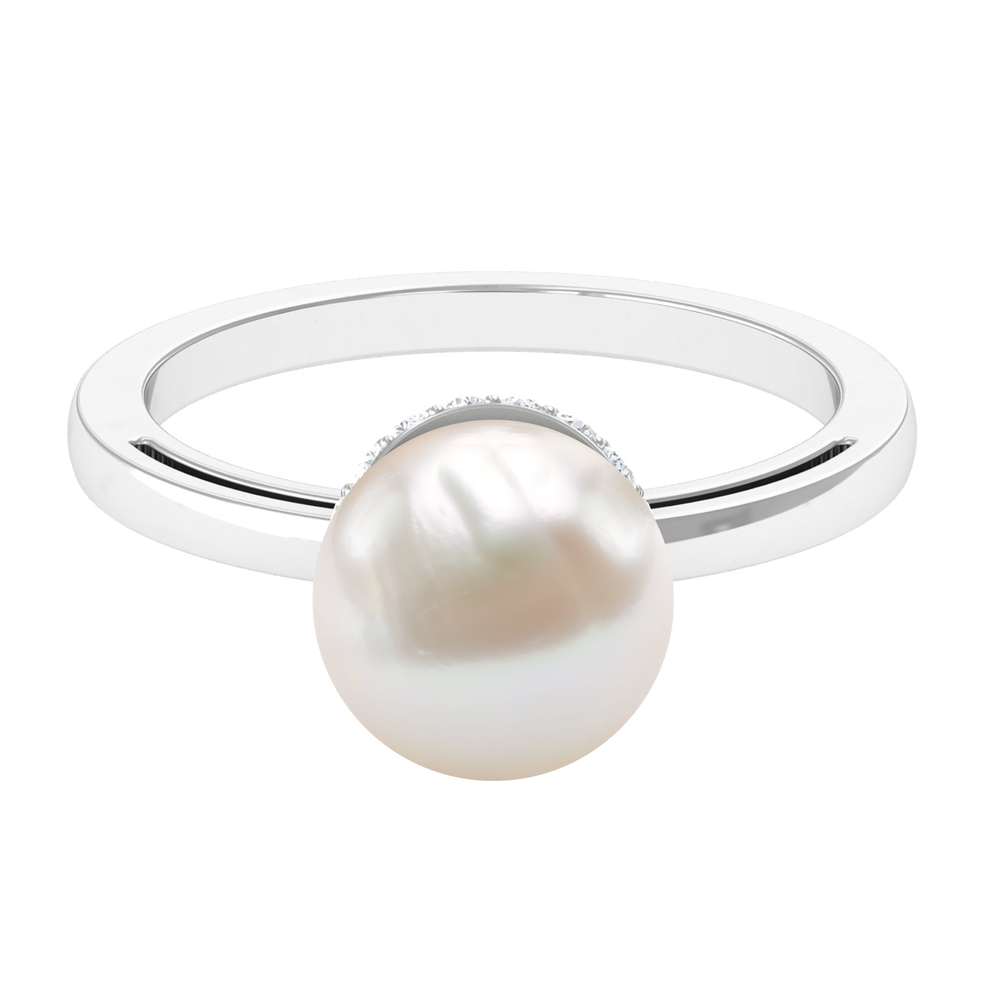 Rosec Jewels-Round Freshwater Pearl Solitaire Ring with Diamond Hidden Halo