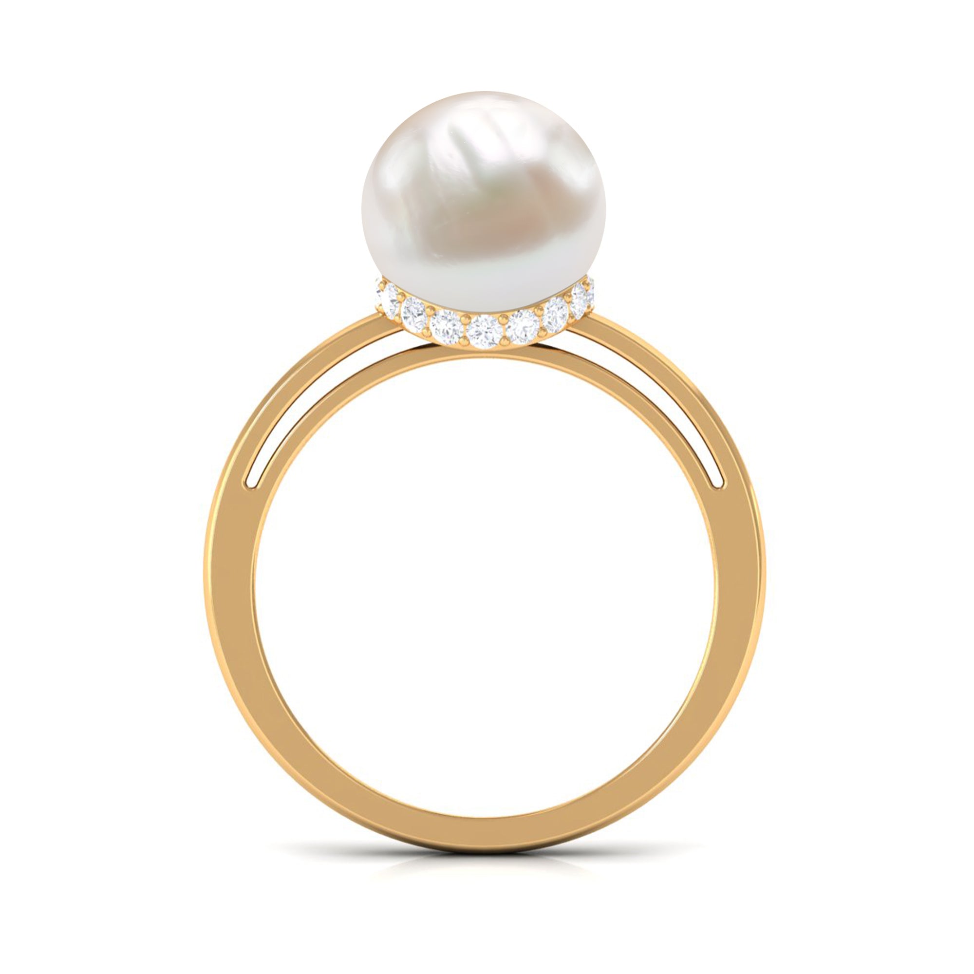 Rosec Jewels-Round Freshwater Pearl Solitaire Ring with Diamond Hidden Halo