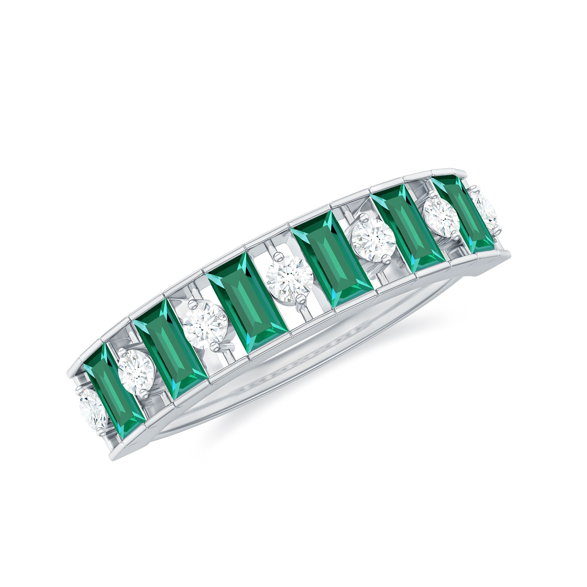 Rosec Jewels-Baguette Cut Created Emerald Classic Half Eternity Ring with Diamond