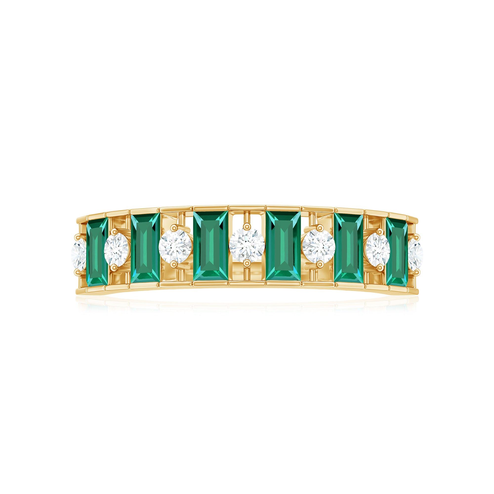 Rosec Jewels-Baguette Cut Created Emerald Classic Half Eternity Ring with Diamond