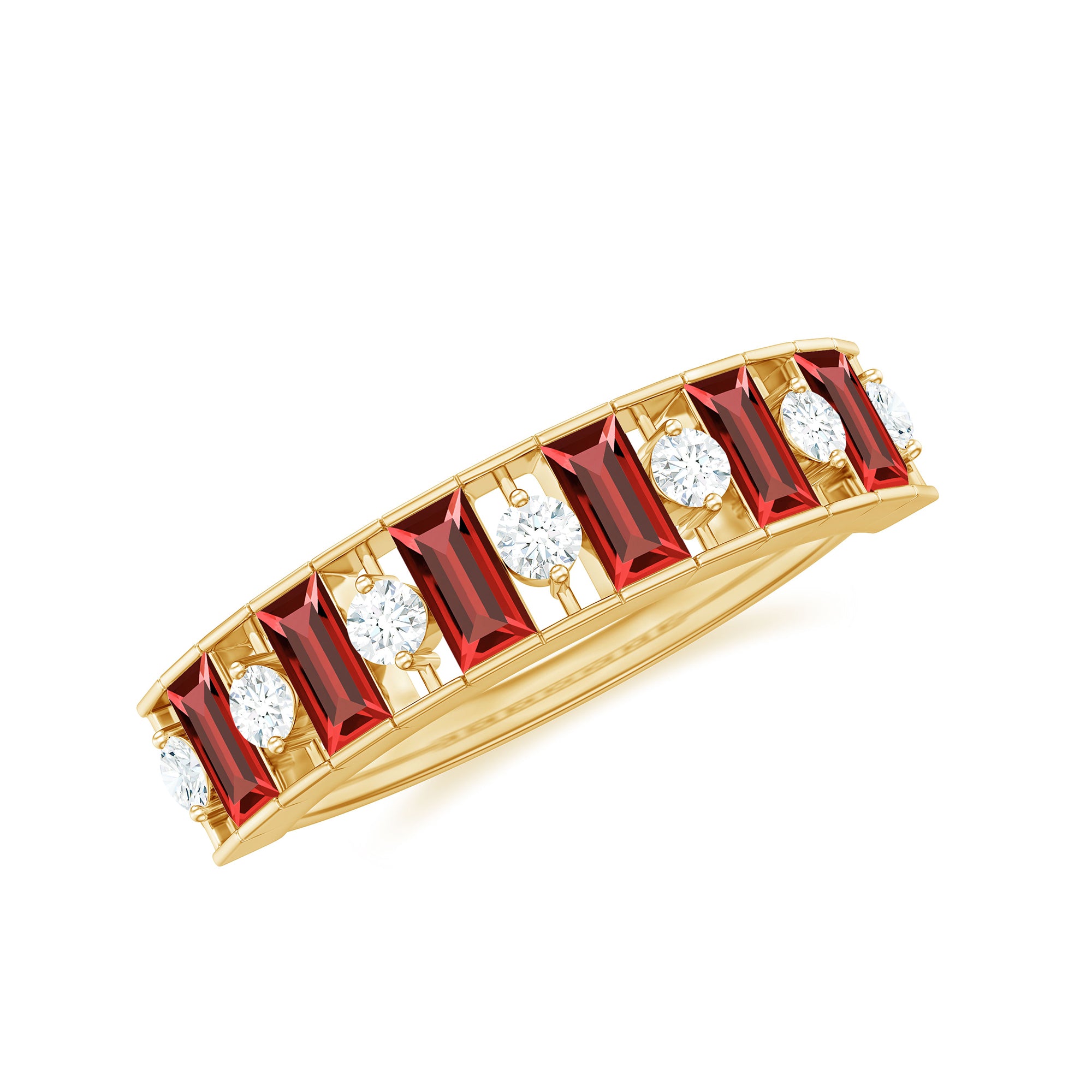 Rosec Jewels-Baguette Cut Created Ruby Classic Half Eternity Ring with Diamond