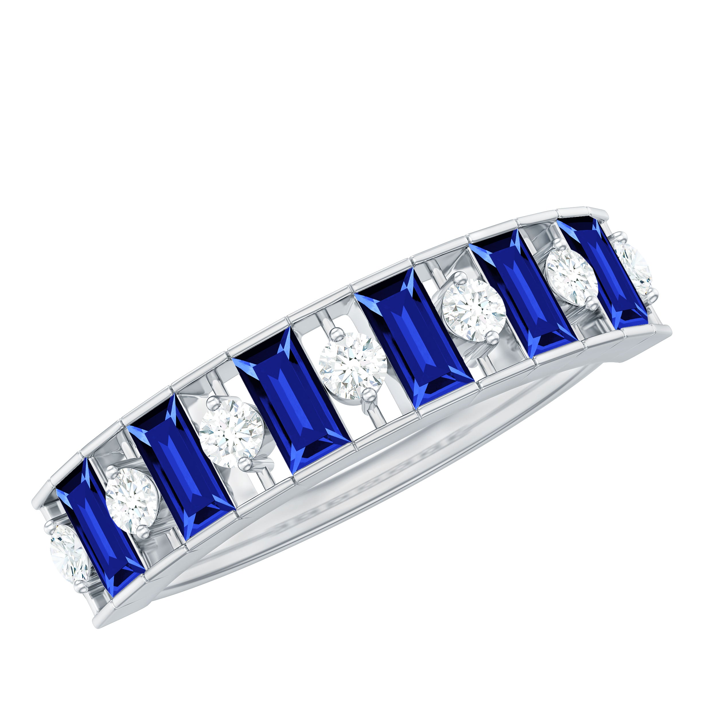 Rosec Jewels-Baguette Cut Created Blue Sapphire Classic Half Eternity Ring with Diamond