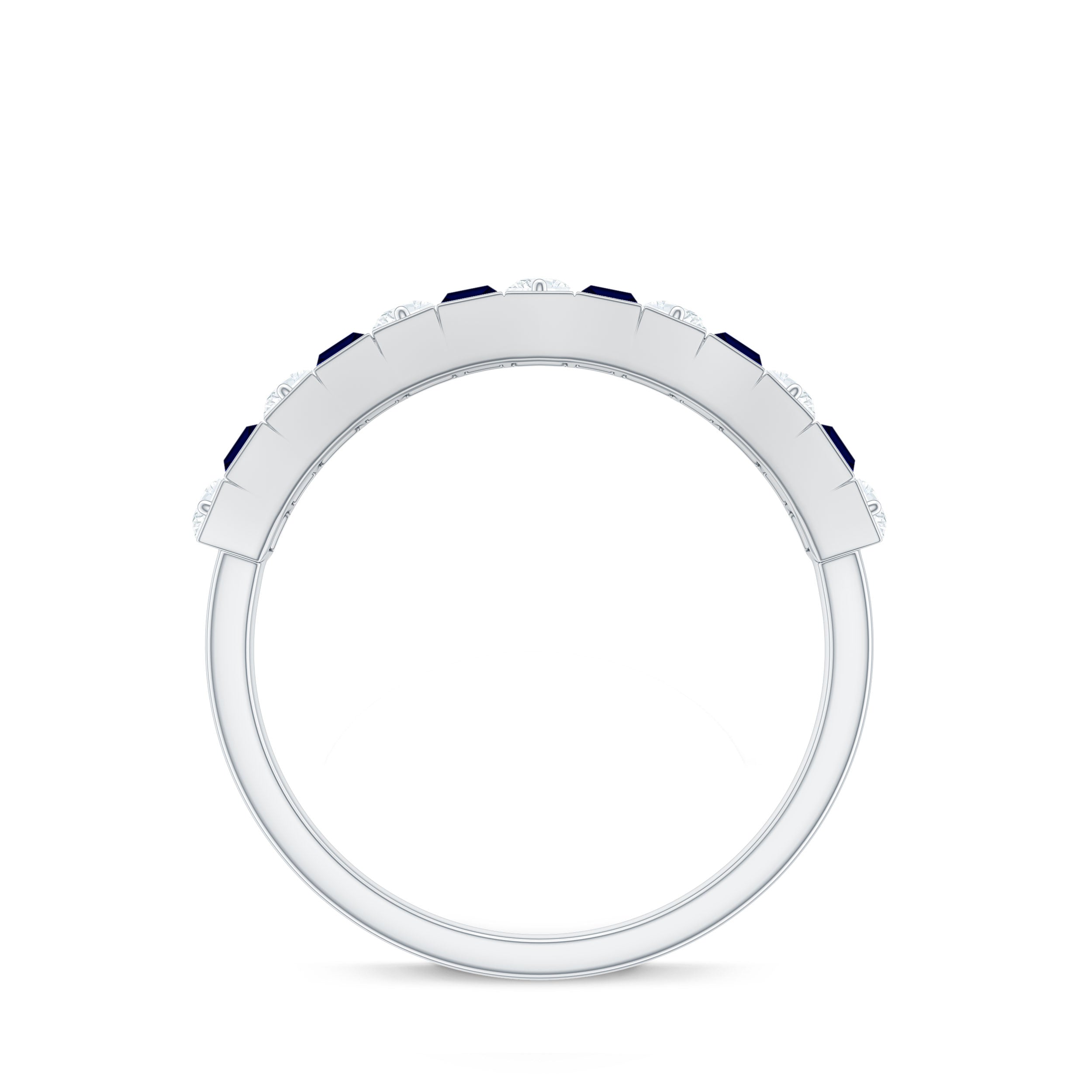 Rosec Jewels-Baguette Cut Created Blue Sapphire Classic Half Eternity Ring with Diamond