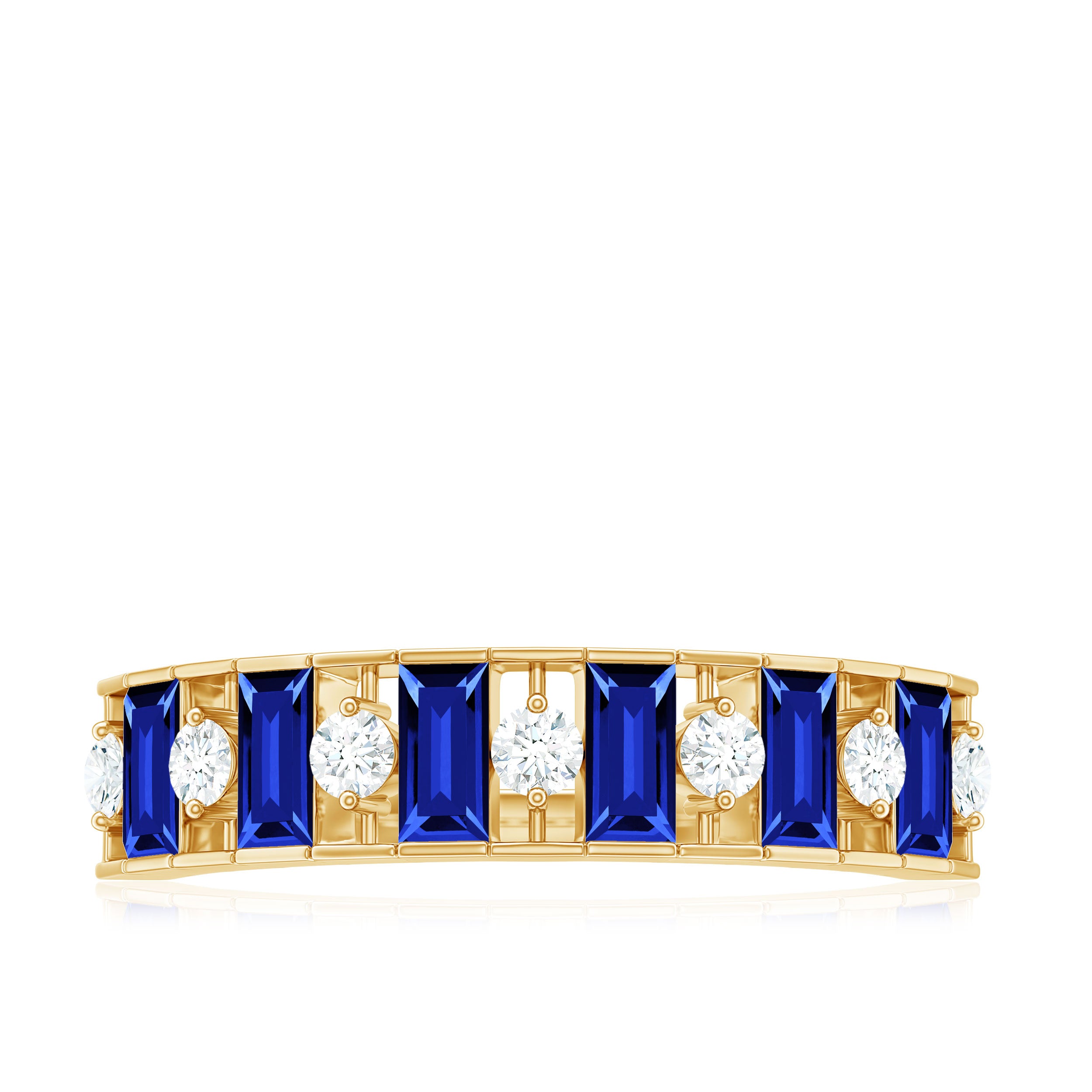 Rosec Jewels-Baguette Cut Created Blue Sapphire Classic Half Eternity Ring with Diamond