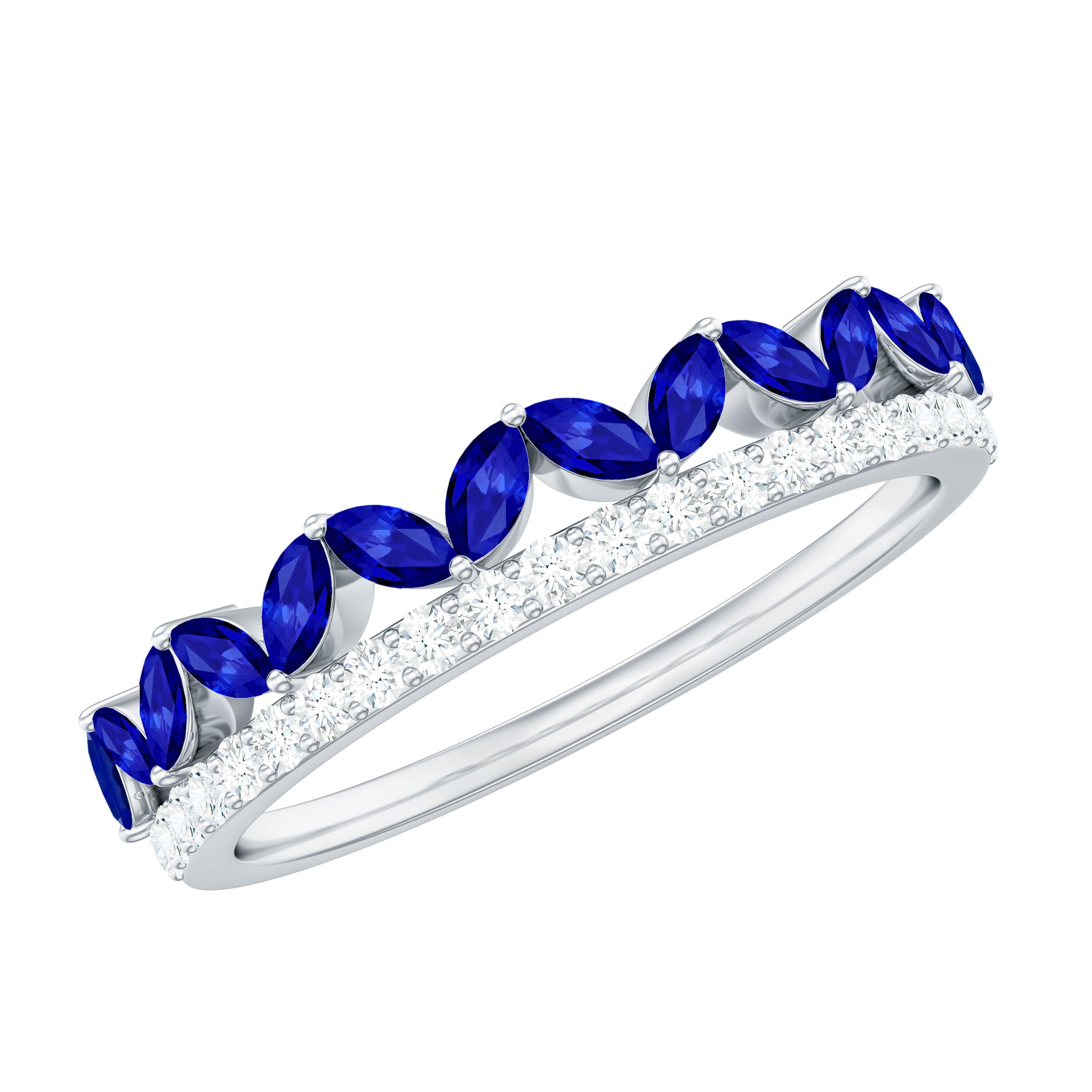 Rosec Jewels-Marquise Cut Created Blue Sapphire Half Eternity Stackable Ring with Diamond