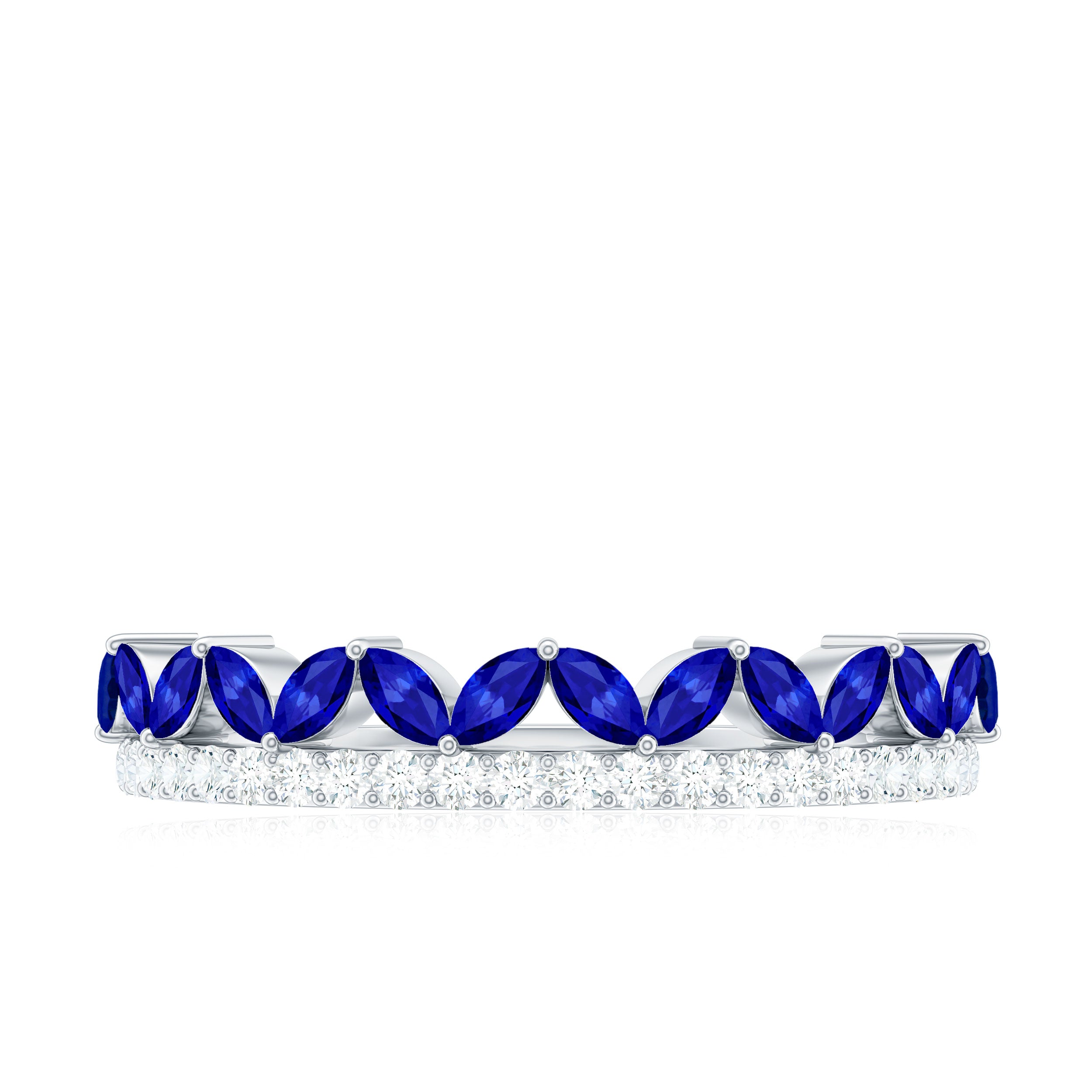 Rosec Jewels-Marquise Cut Created Blue Sapphire Half Eternity Stackable Ring with Diamond