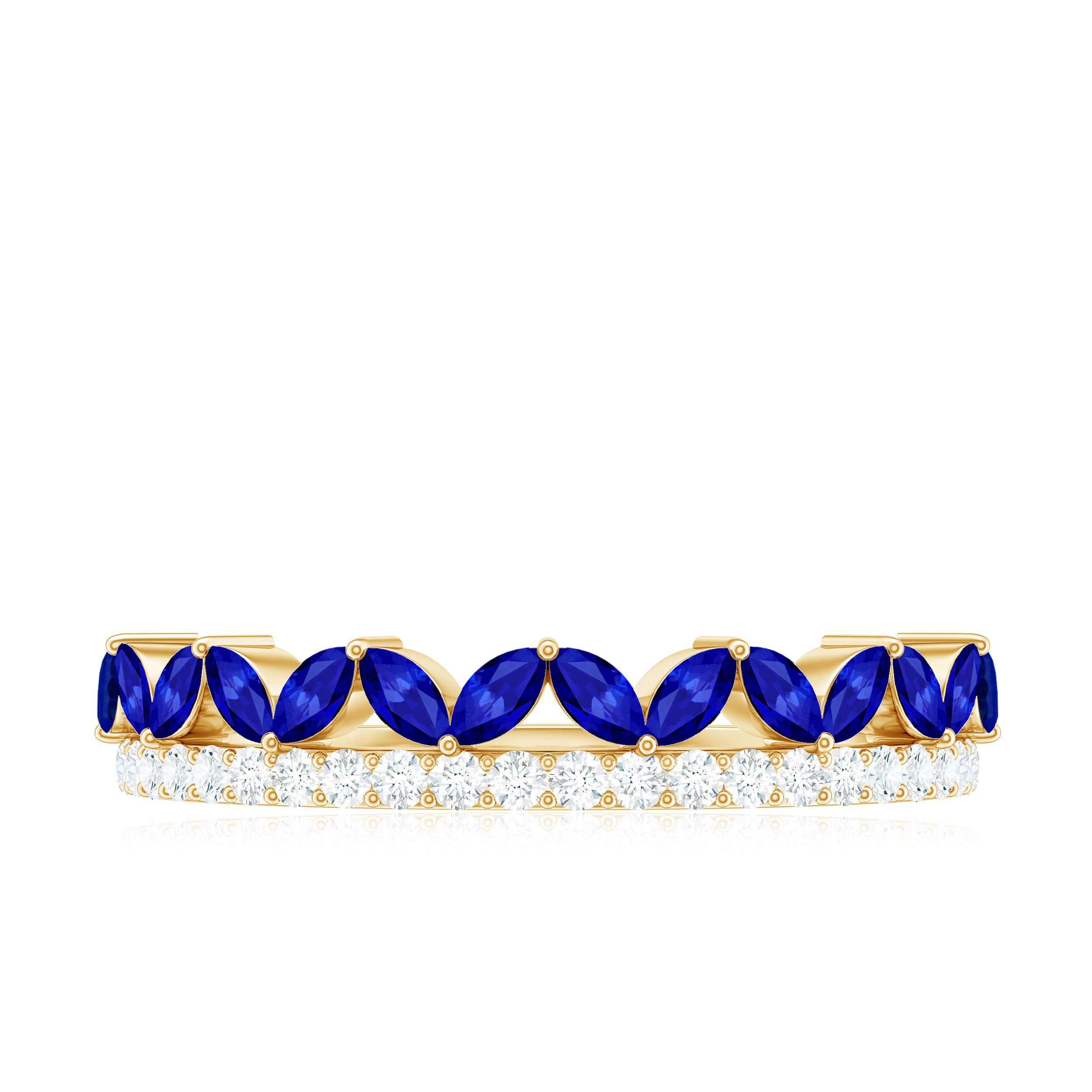 Rosec Jewels-Marquise Cut Created Blue Sapphire Half Eternity Stackable Ring with Diamond