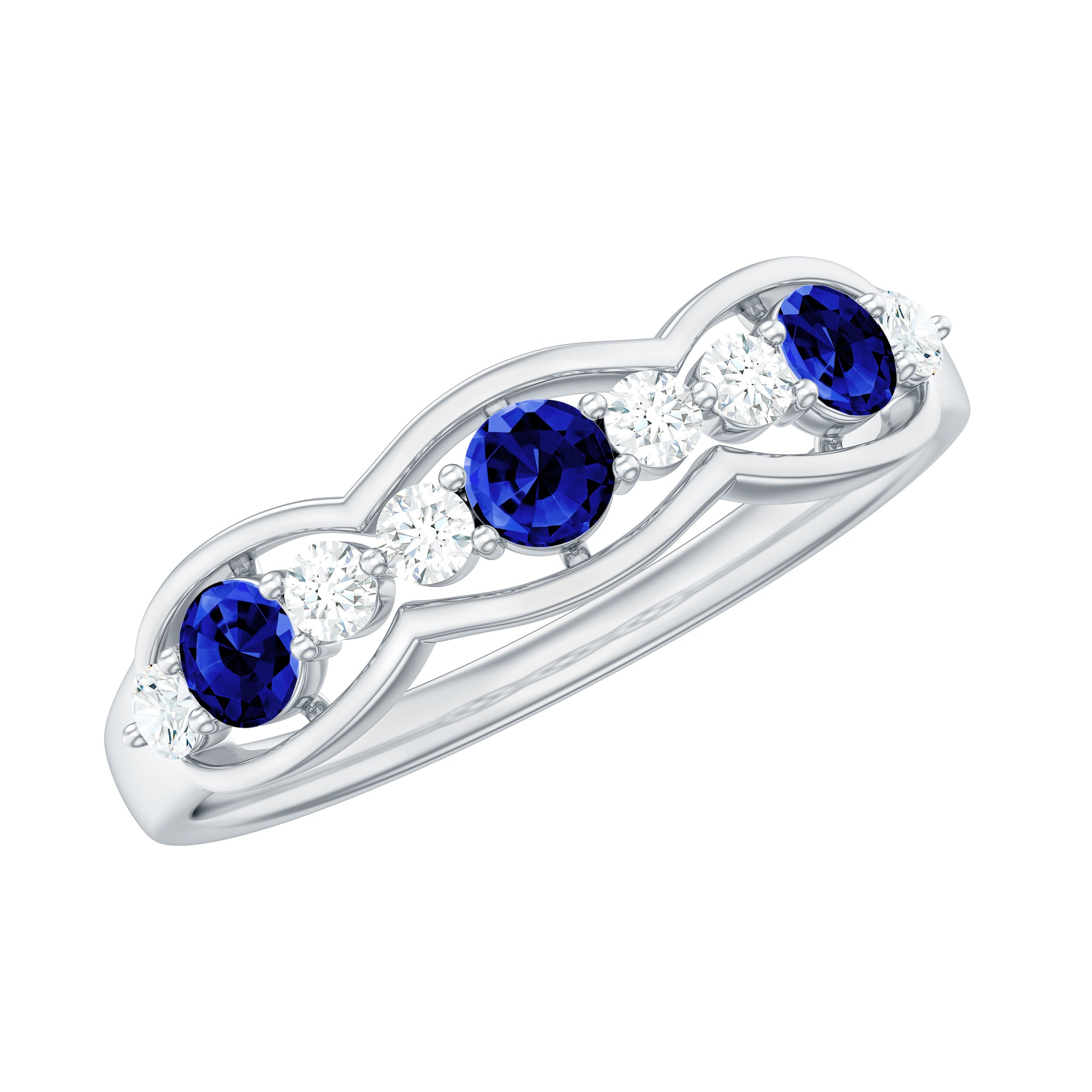 Rosec Jewels-Round Shape Certified Created Blue Sapphire and Diamond Anniversary Ring