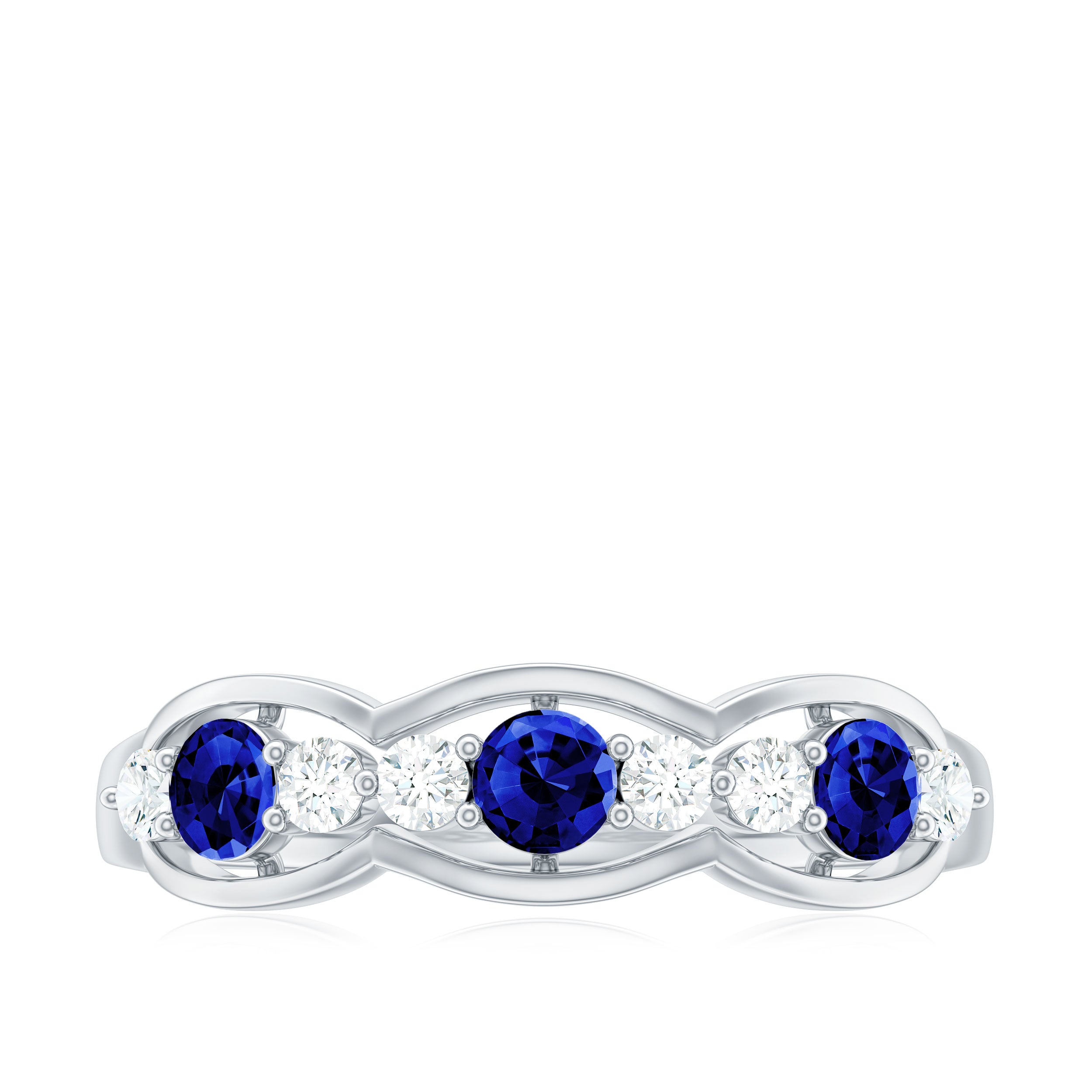 Rosec Jewels-Round Shape Certified Created Blue Sapphire and Diamond Anniversary Ring