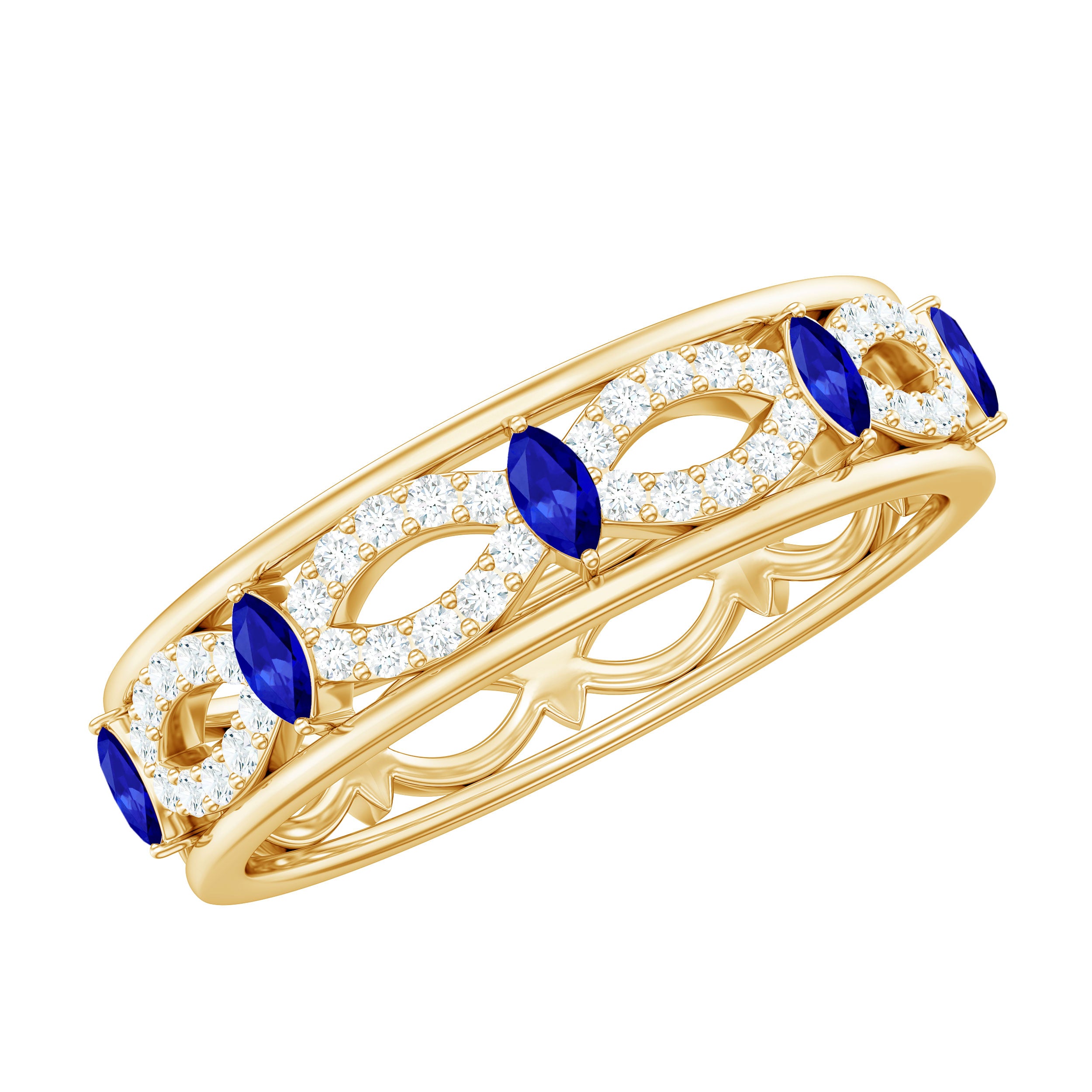 Rosec Jewels-Marquise Created Blue Sapphire and Diamond Infinity Band Ring