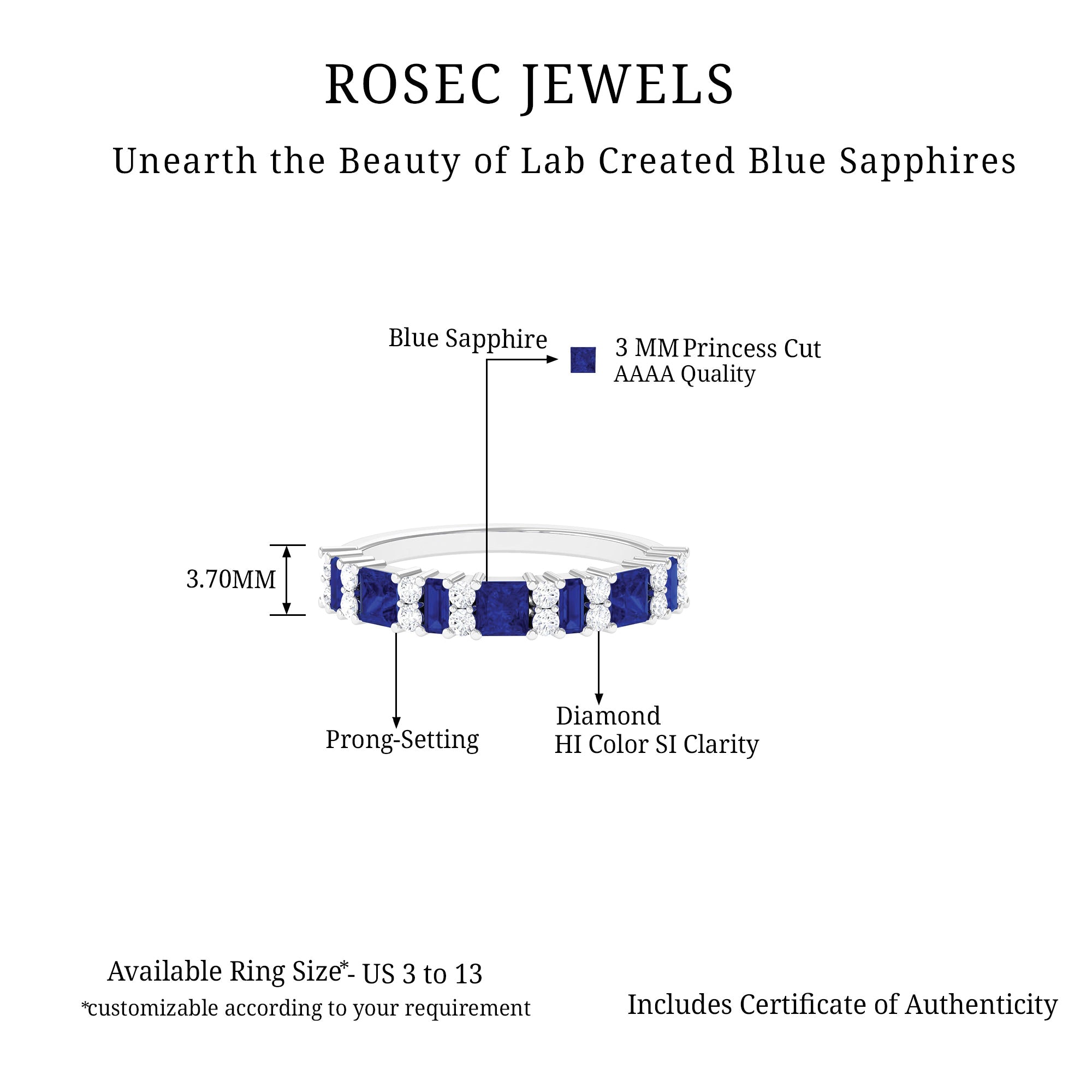 Rosec Jewels-Lab-Created Blue Sapphire and Moissanite Classic Eternity Band Ring