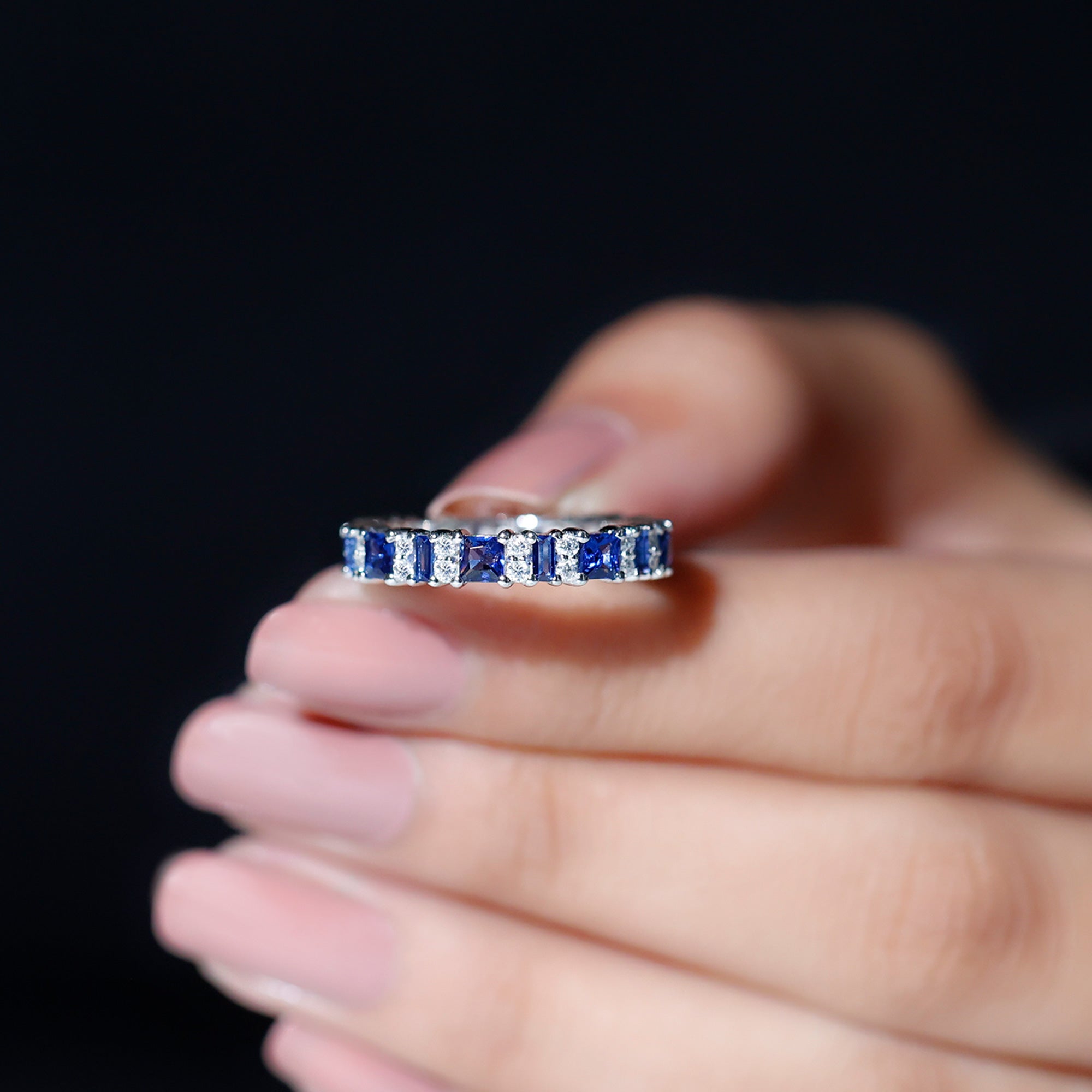 Rosec Jewels-Lab-Created Blue Sapphire and Moissanite Classic Eternity Band Ring