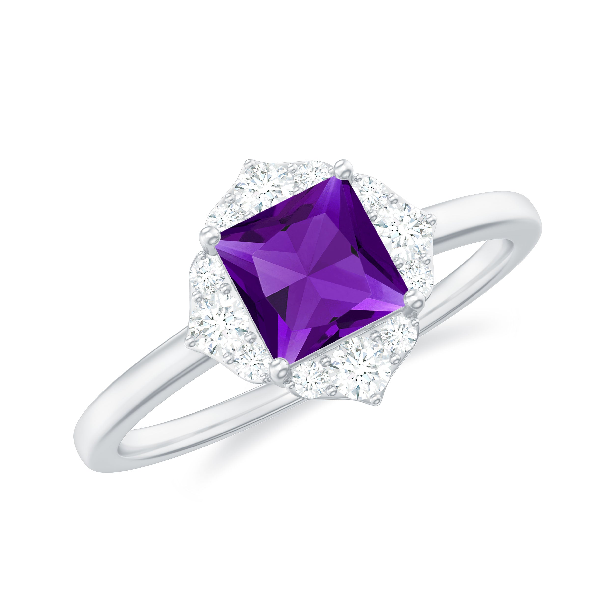 Rosec Jewels-Princess Cut Amethyst and Diamond Flower Halo Ring