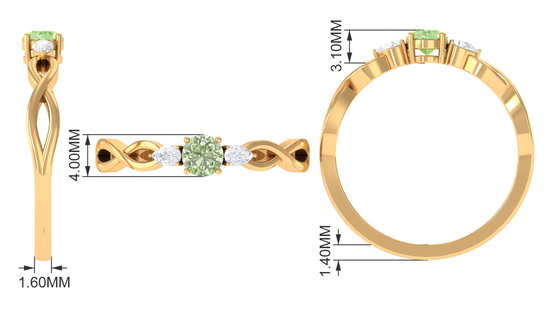 Rosec Jewels-Green Sapphire and Diamond 3 Stone Promise Ring with Crossover Shank