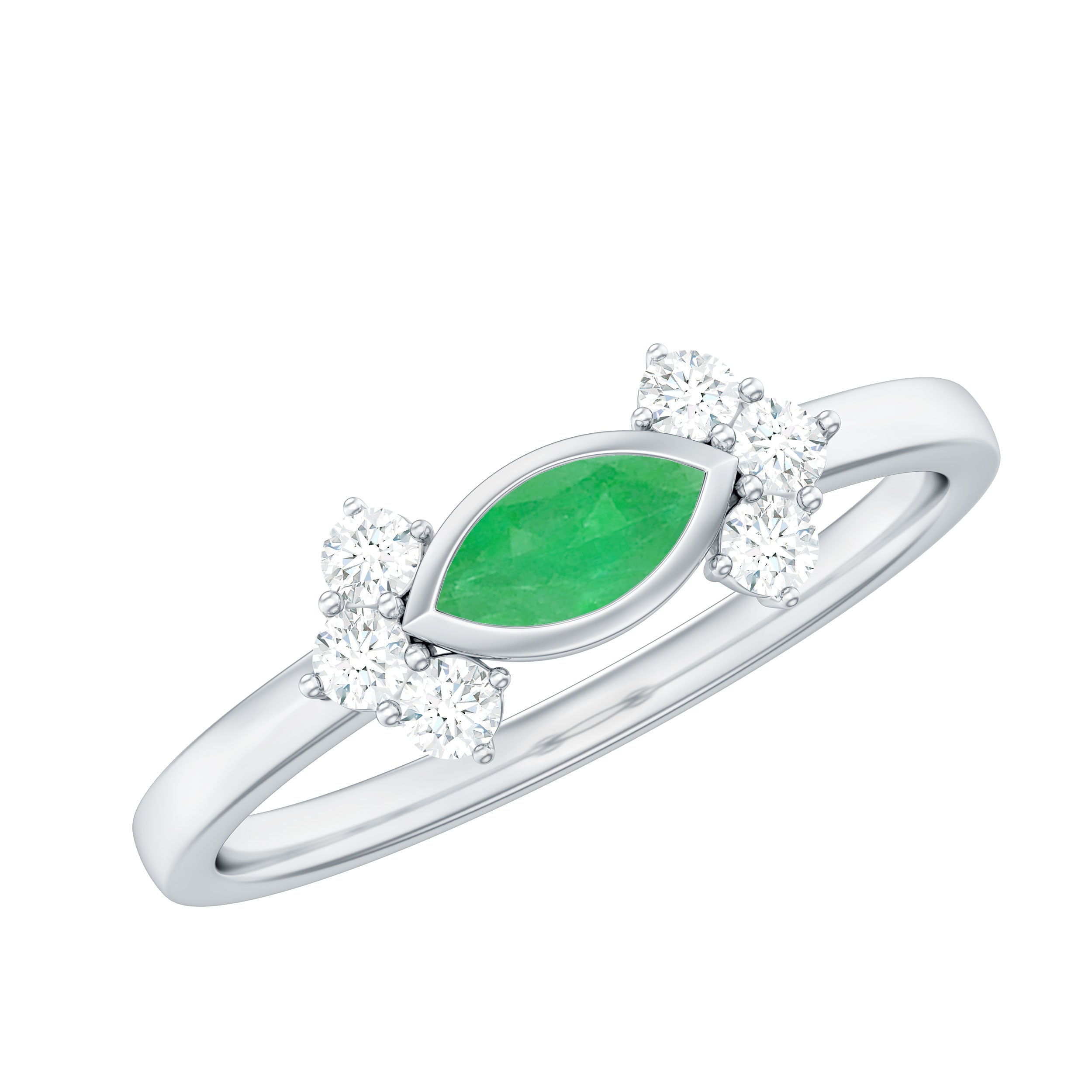 Rosec Jewels-Marquise Cut Emerald East West Promise Ring with Diamond Trio