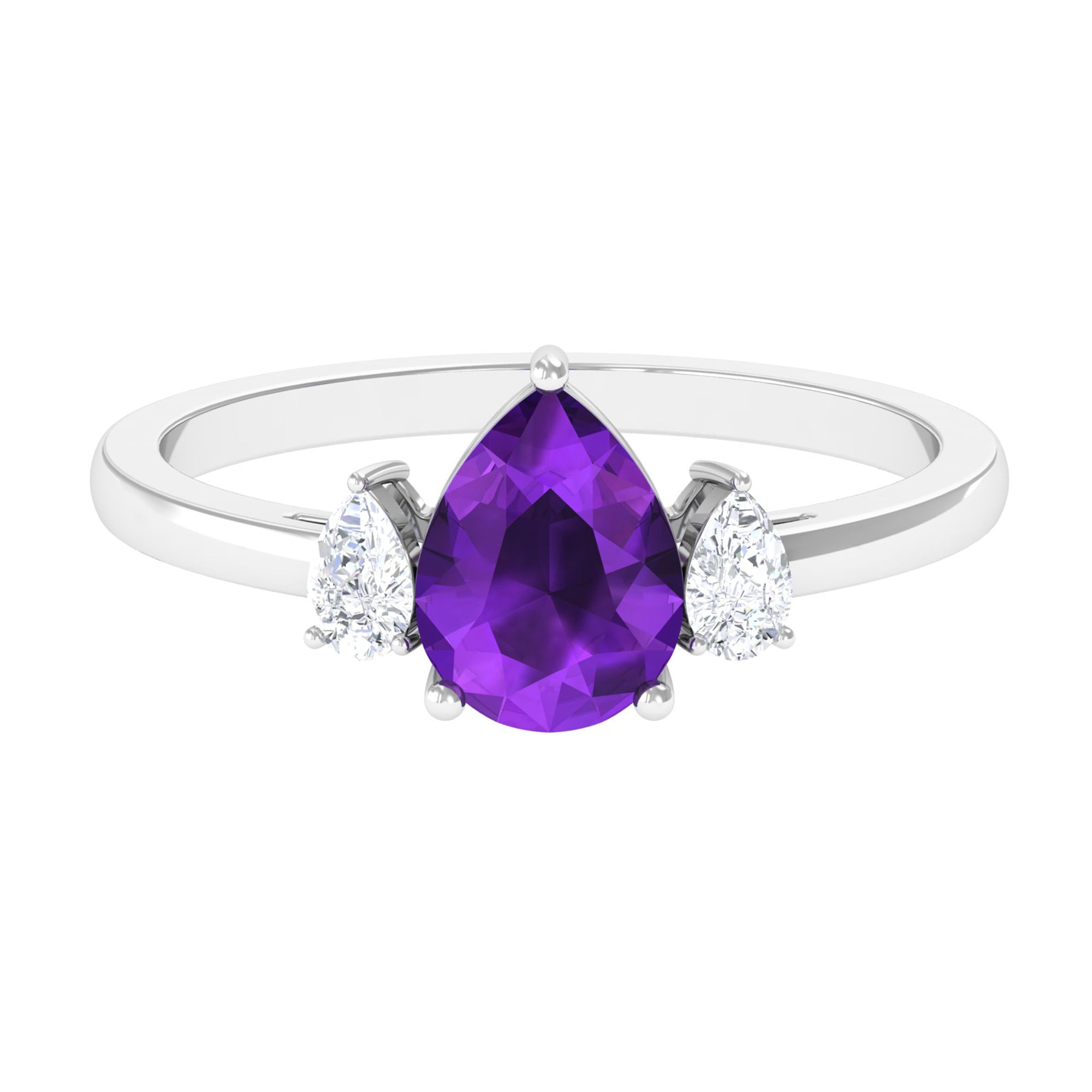 Rosec Jewels-Pear Shape Amethyst Solitaire Ring with Diamond Side Stones