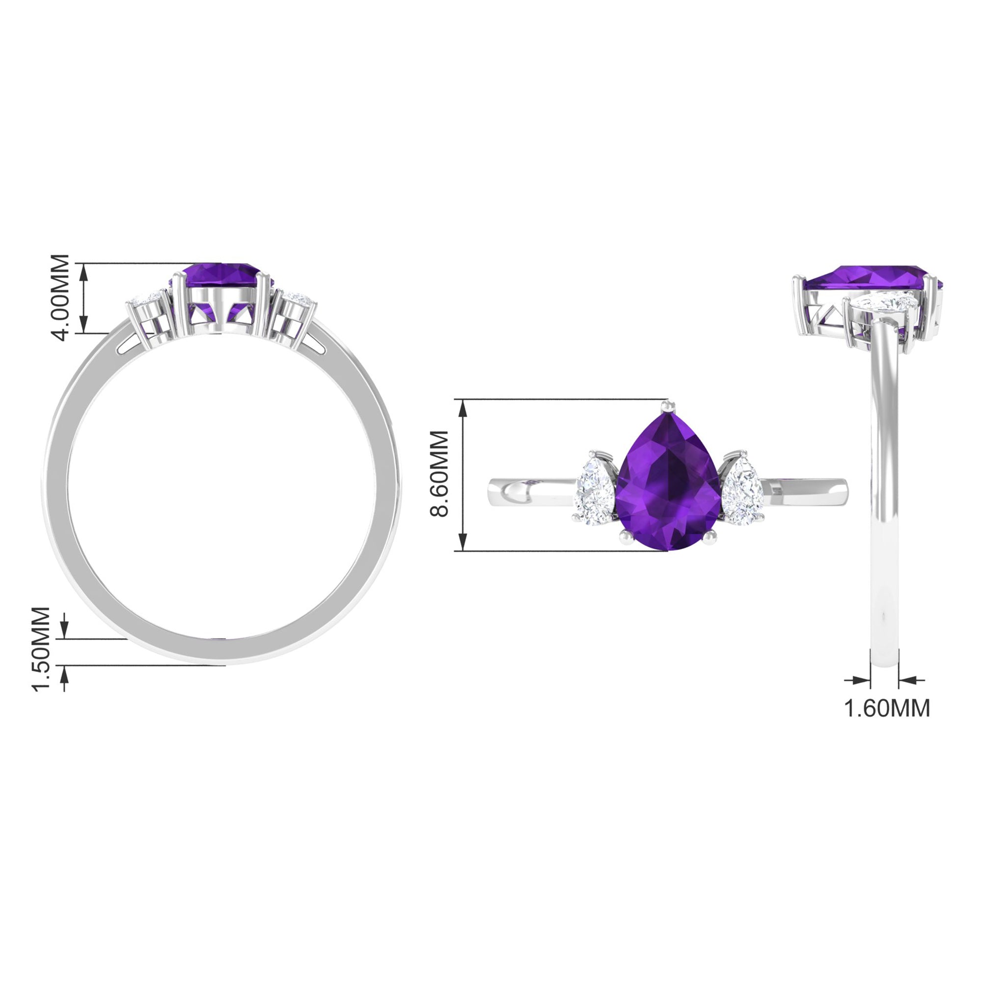 Rosec Jewels-Pear Shape Amethyst Solitaire Ring with Diamond Side Stones