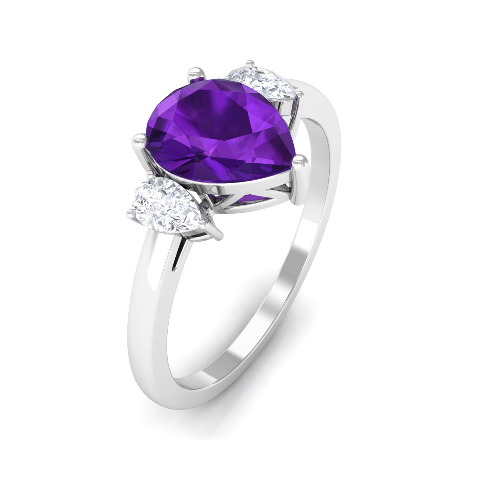 Rosec Jewels-Pear Shape Amethyst Solitaire Ring with Diamond Side Stones