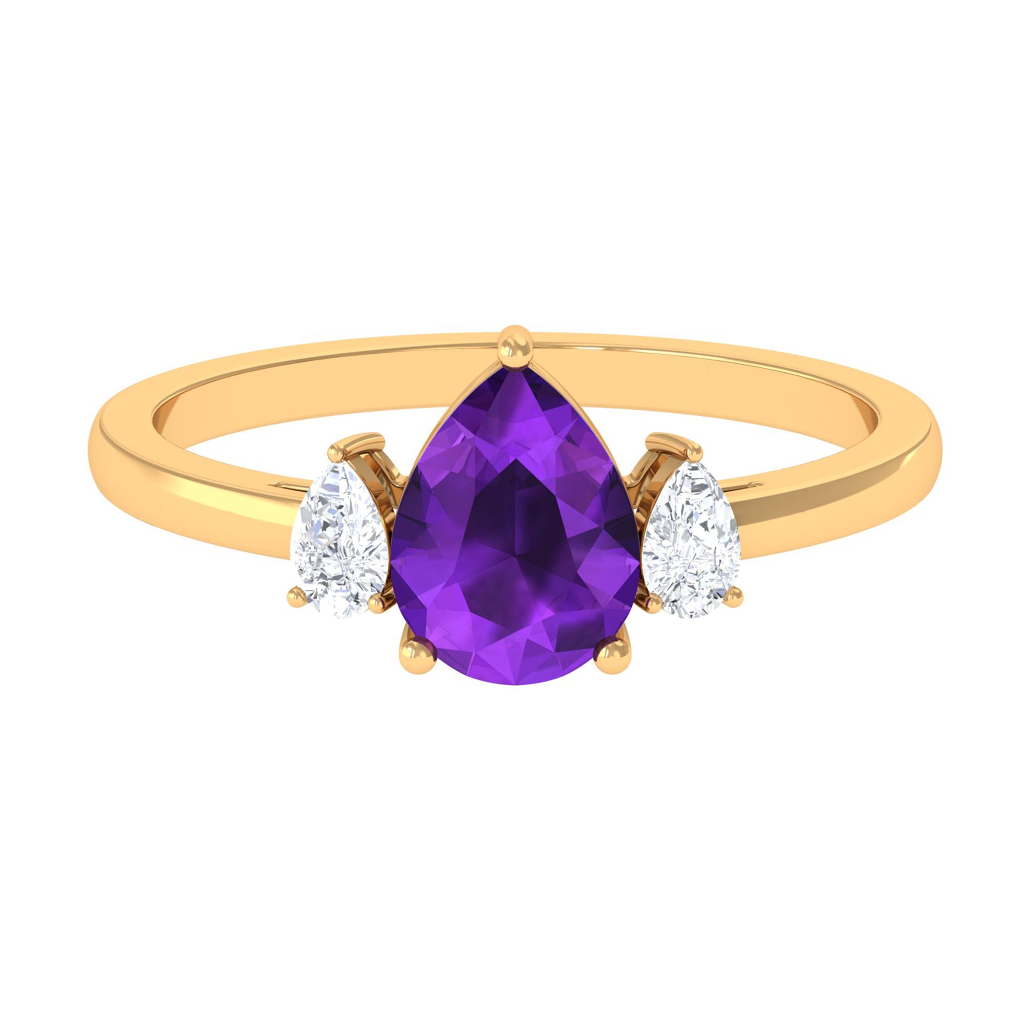 Rosec Jewels-Pear Shape Amethyst Solitaire Ring with Diamond Side Stones