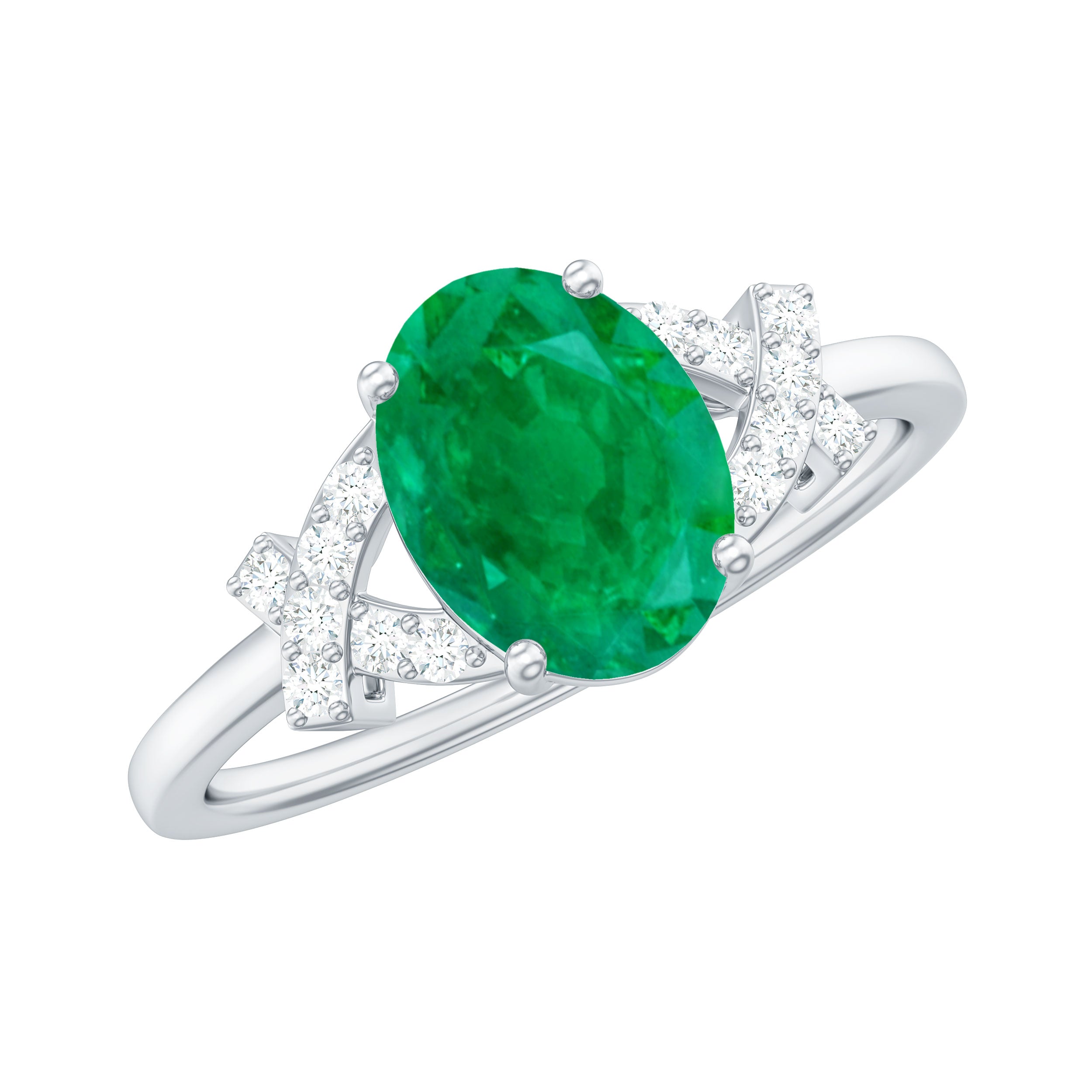 Rosec Jewels-Split Shank Oval Emerald and Diamond Solitaire Engagement Ring