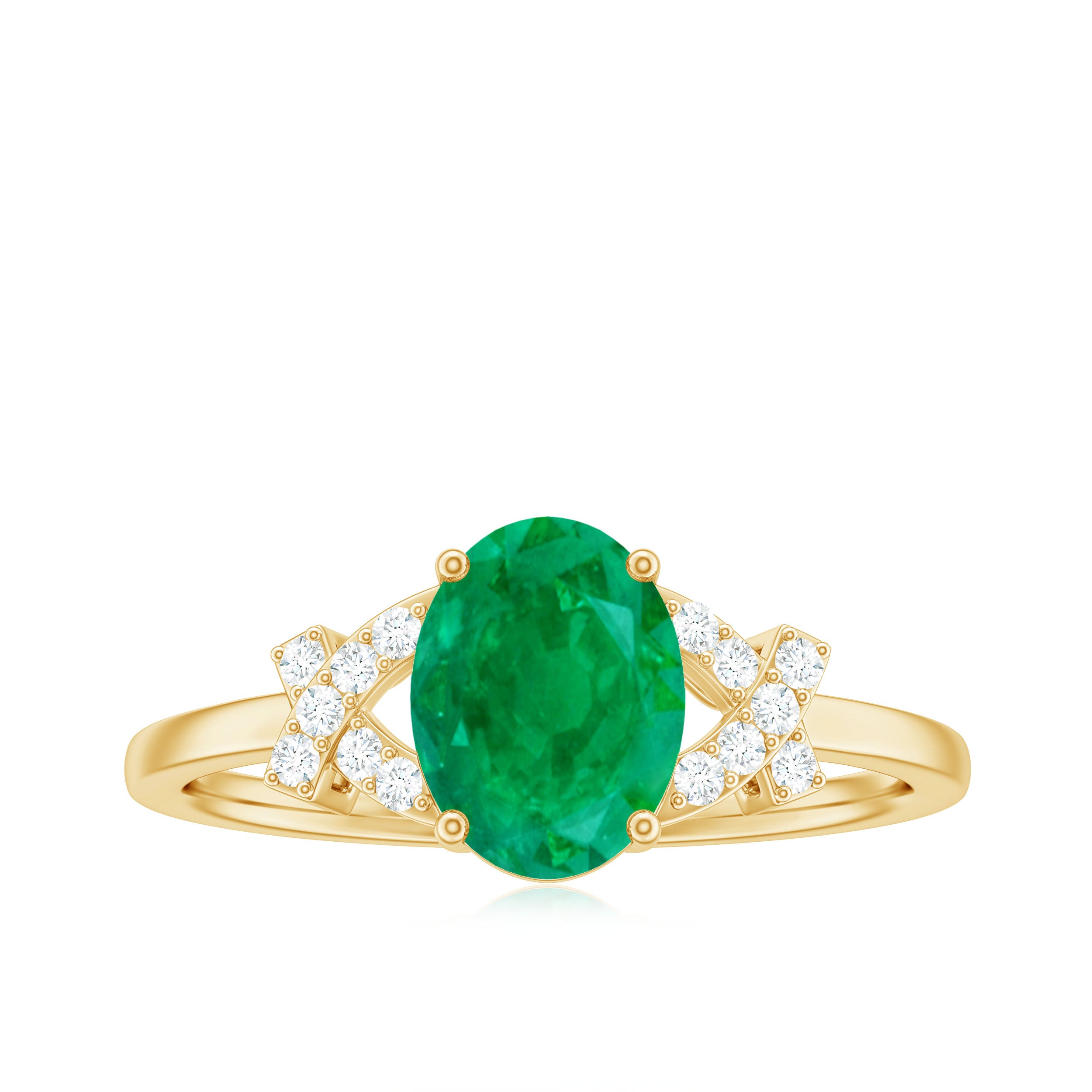 Rosec Jewels-Split Shank Oval Emerald and Diamond Solitaire Engagement Ring