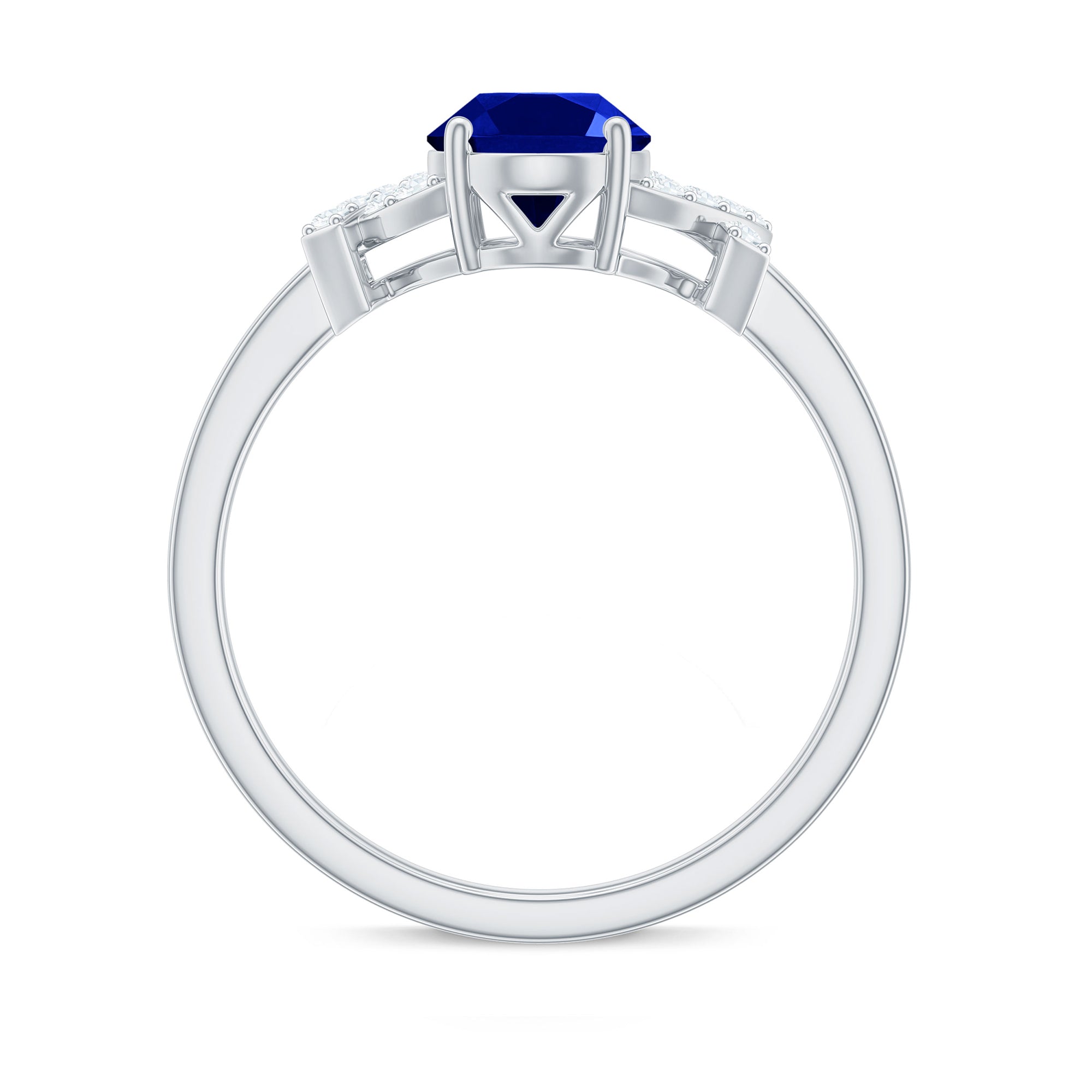 Rosec Jewels-Split Shank Oval Created Blue Sapphire and Diamond Solitaire Engagement Ring