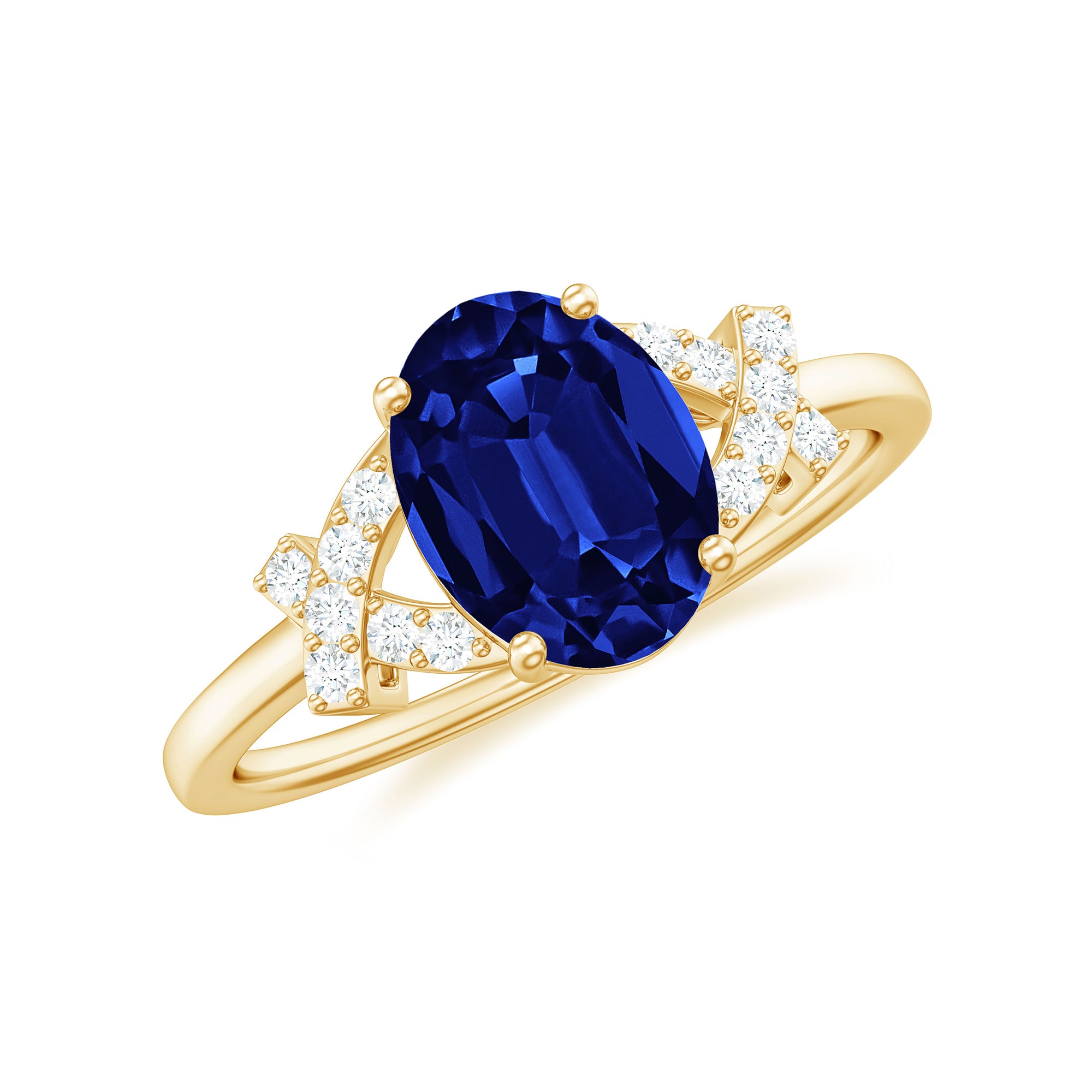 Rosec Jewels-Split Shank Oval Created Blue Sapphire and Diamond Solitaire Engagement Ring