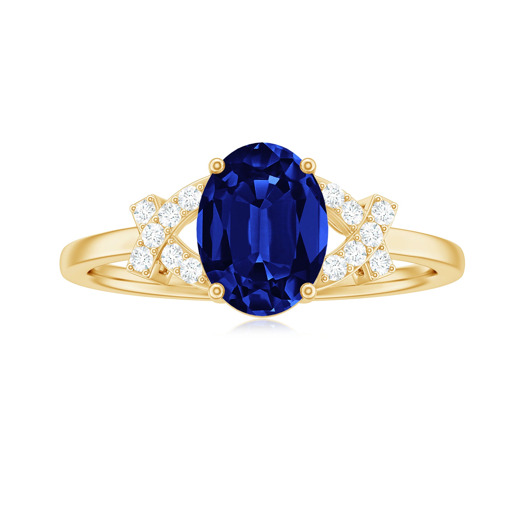 Rosec Jewels-Split Shank Oval Created Blue Sapphire and Diamond Solitaire Engagement Ring