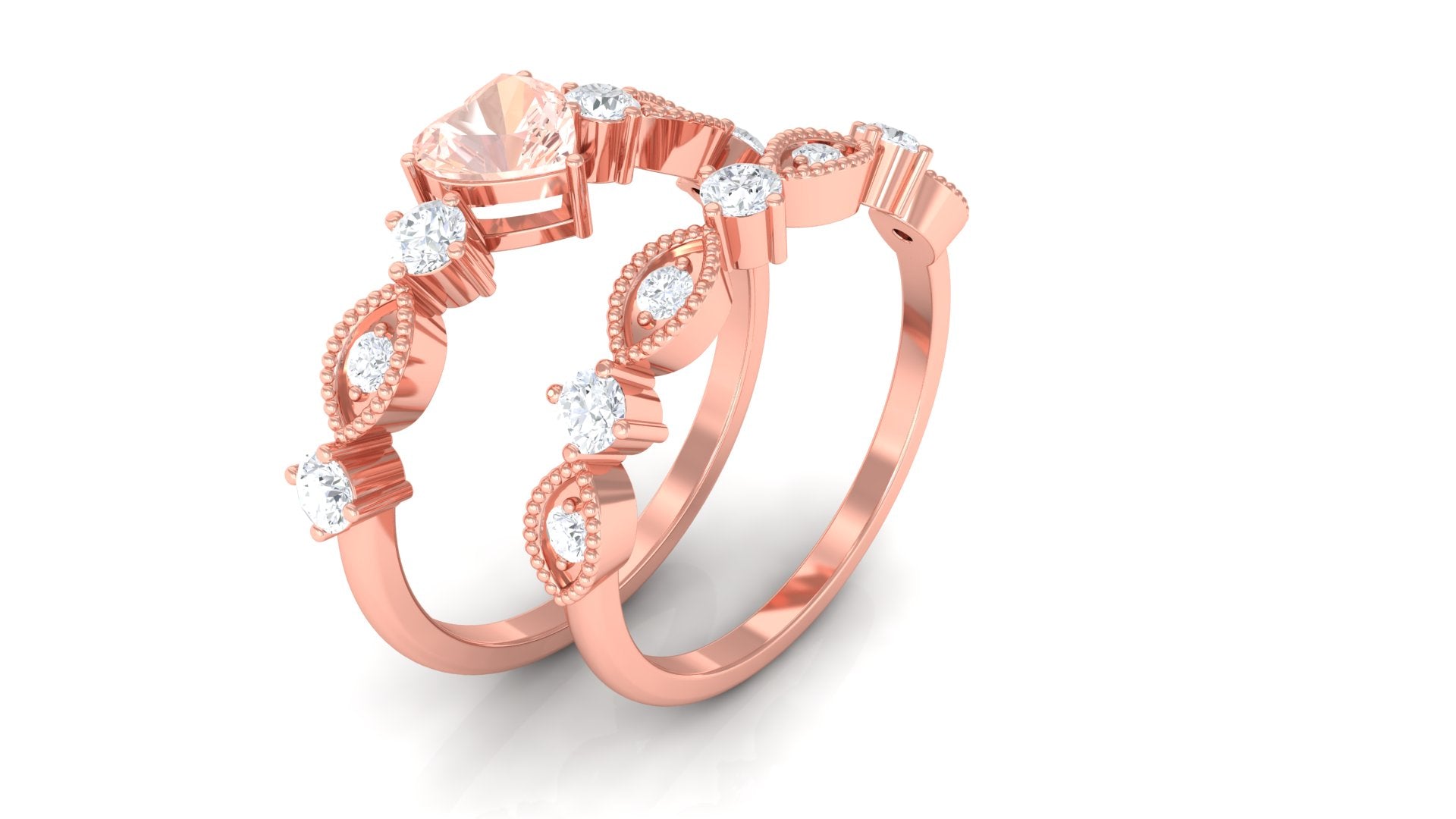 Rosec Jewels-Heart Shape Morganite Stackable Ring Set with Diamond