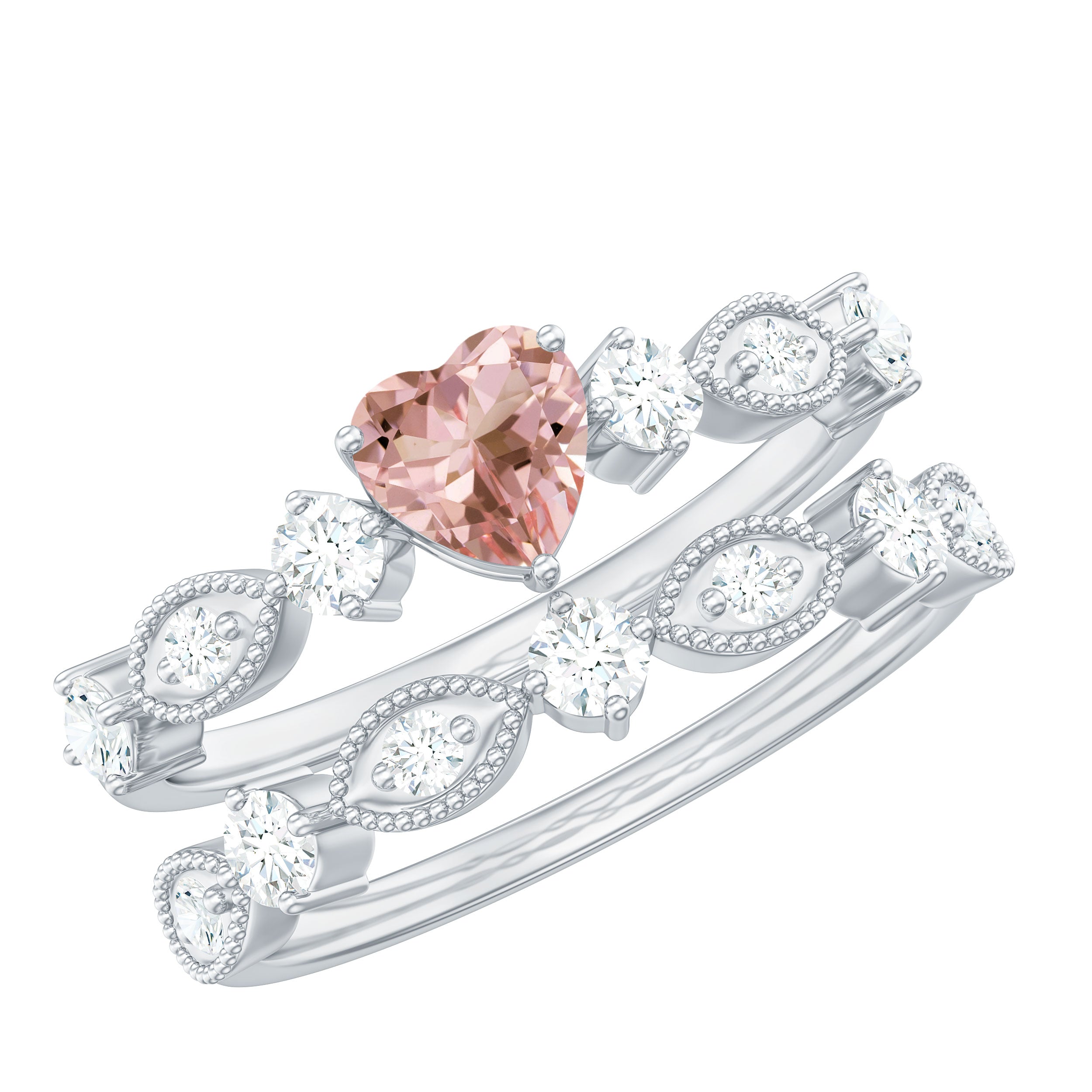 Rosec Jewels-Heart Shape Morganite Stackable Ring Set with Diamond