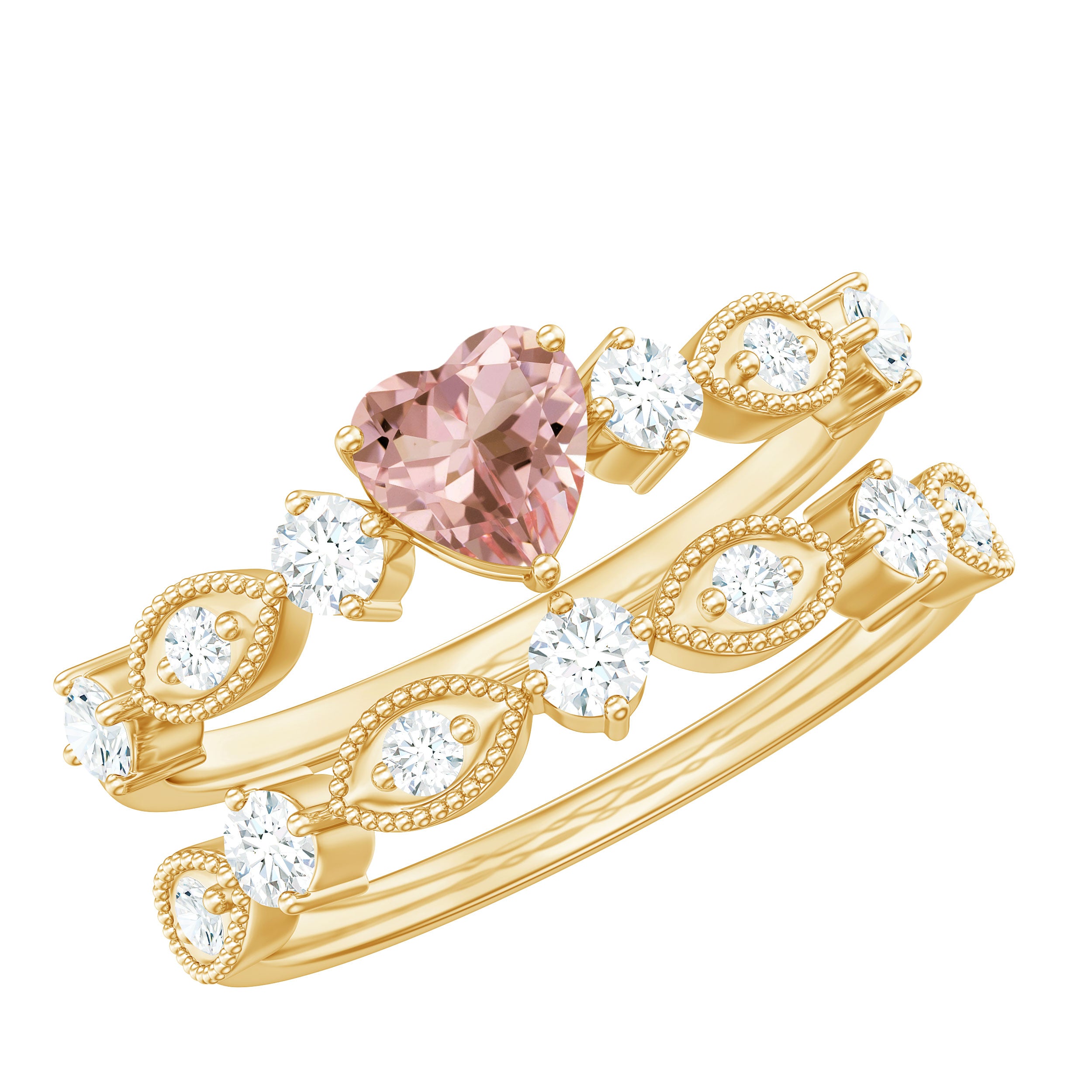 Rosec Jewels-Heart Shape Morganite Stackable Ring Set with Diamond