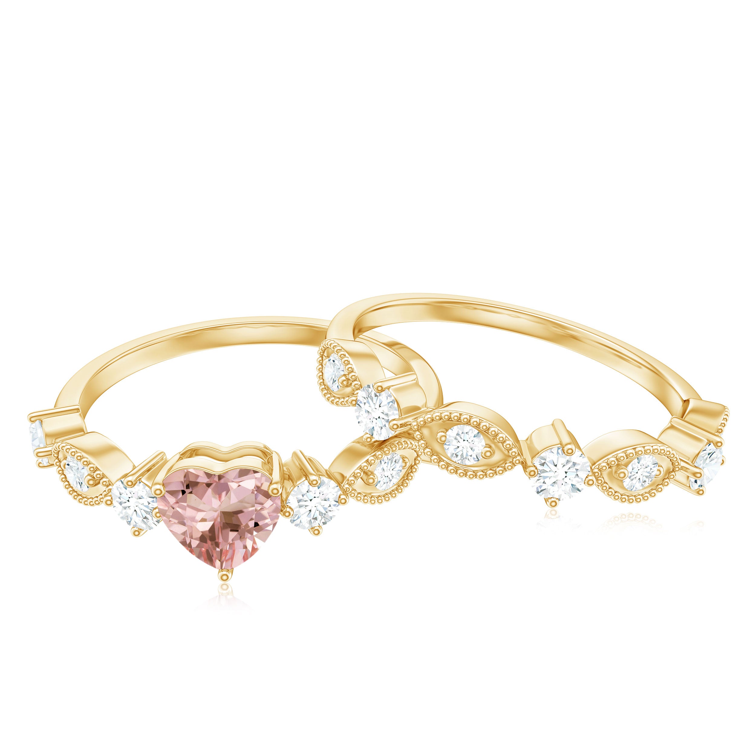 Rosec Jewels-Heart Shape Morganite Stackable Ring Set with Diamond