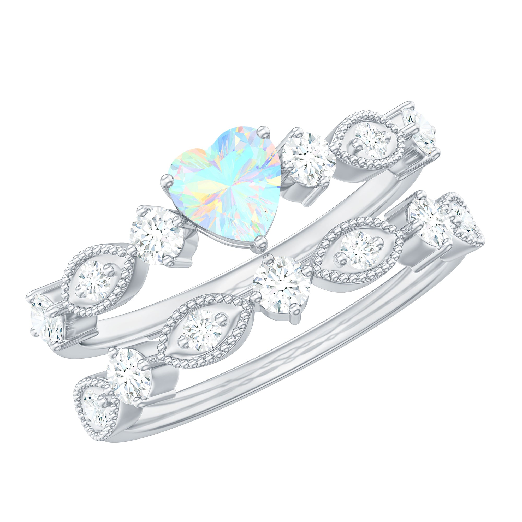 Rosec Jewels-Ethiopian Opal and Moissanite Ring Set with Beaded