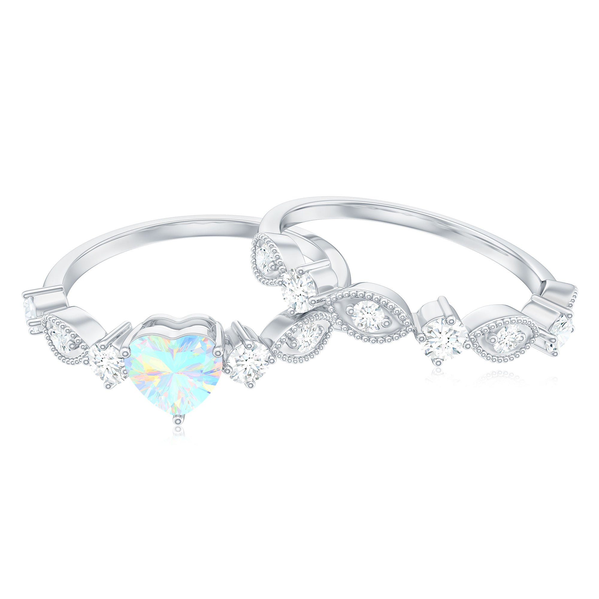 Rosec Jewels-Ethiopian Opal and Moissanite Ring Set with Beaded