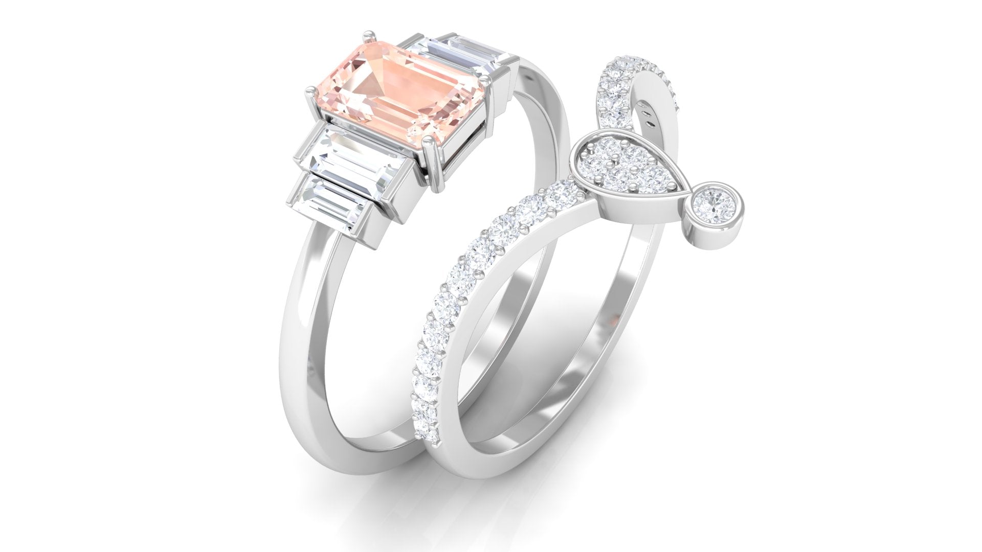 Rosec Jewels-Morganite Stackable Ring Set with Moissanite