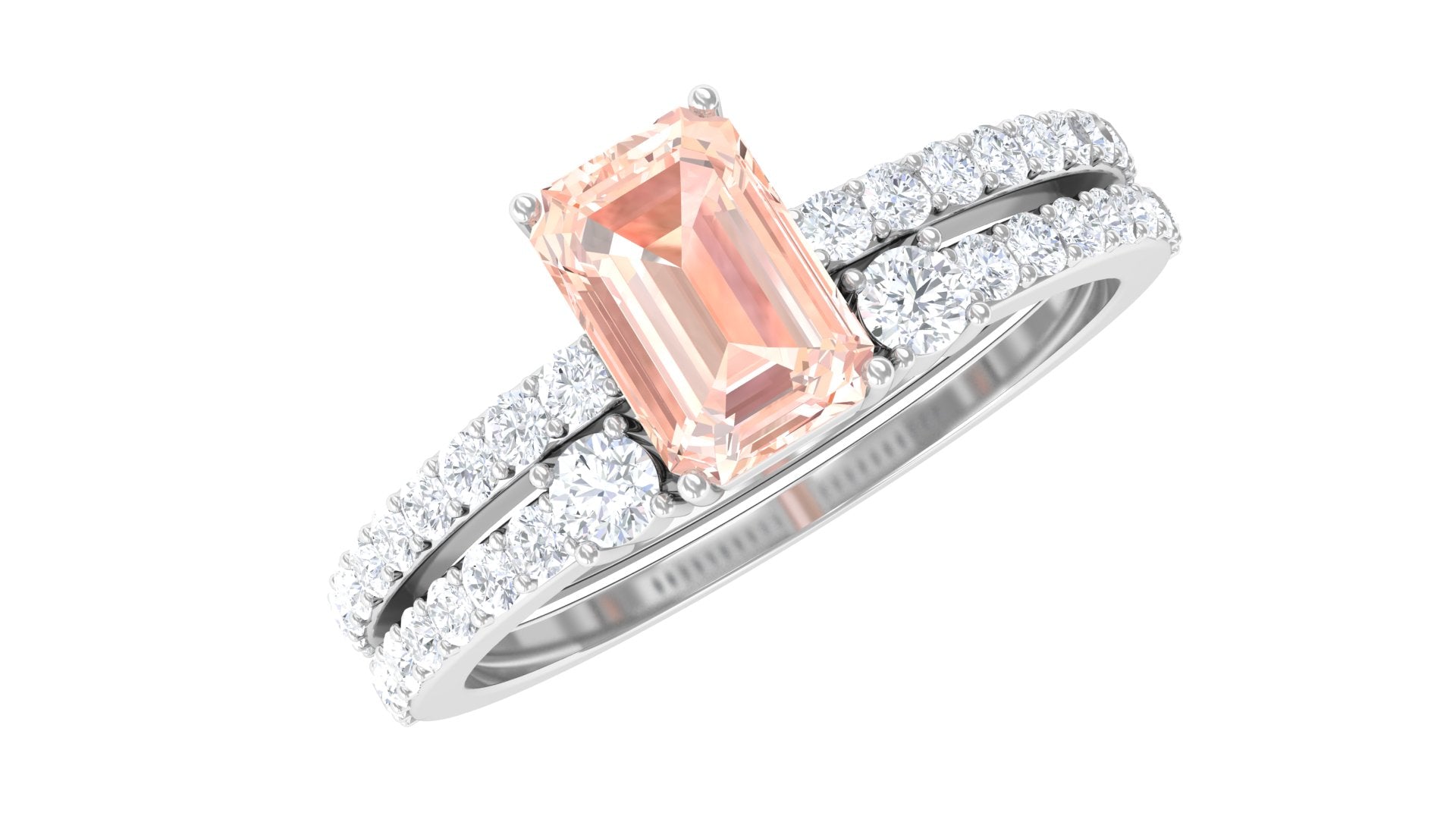 Rosec Jewels-Emerald Cut Morganite and Diamond Solitaire Ring Set