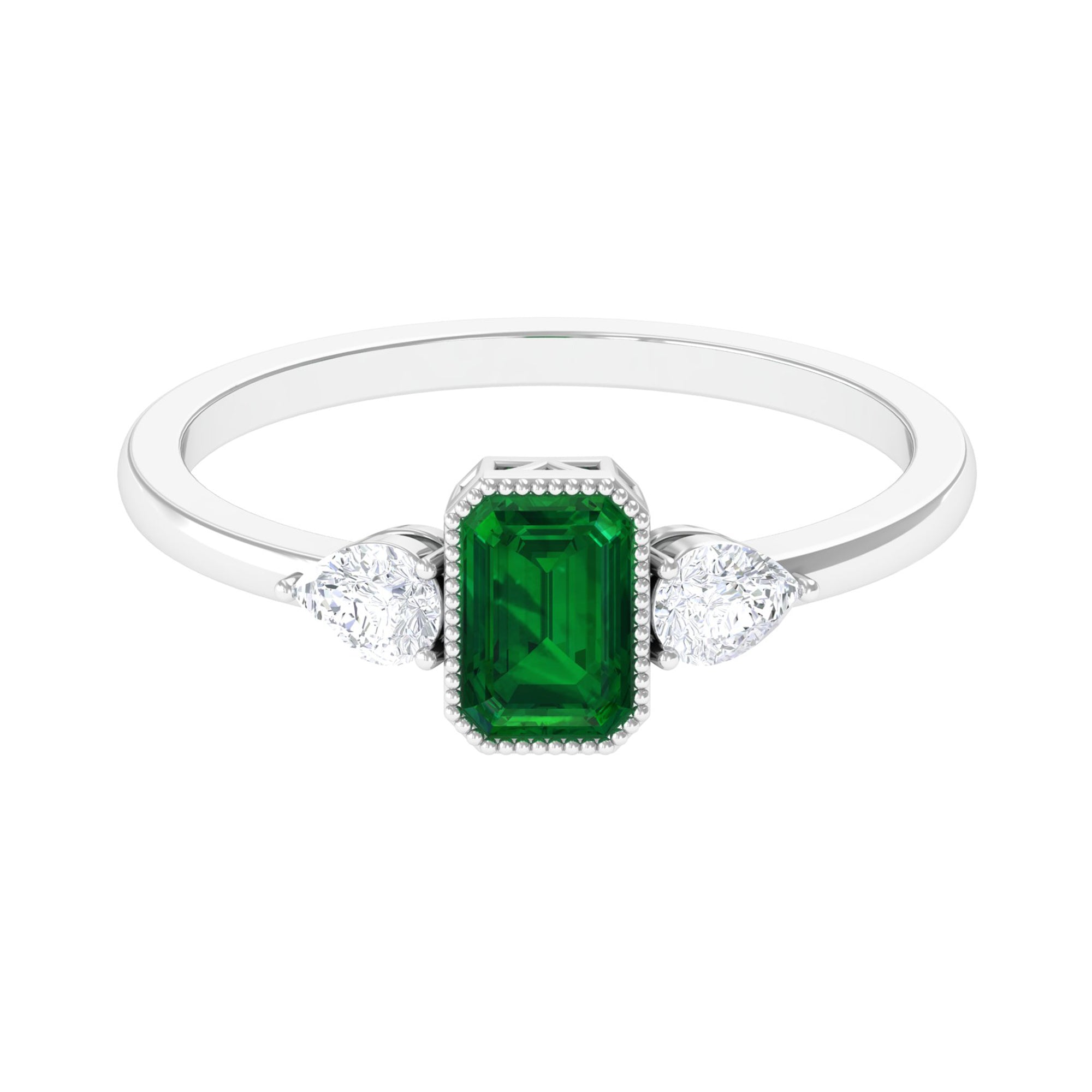 Rosec Jewels-Created Emerald and Diamond Three Stone Ring in Bezel Setting