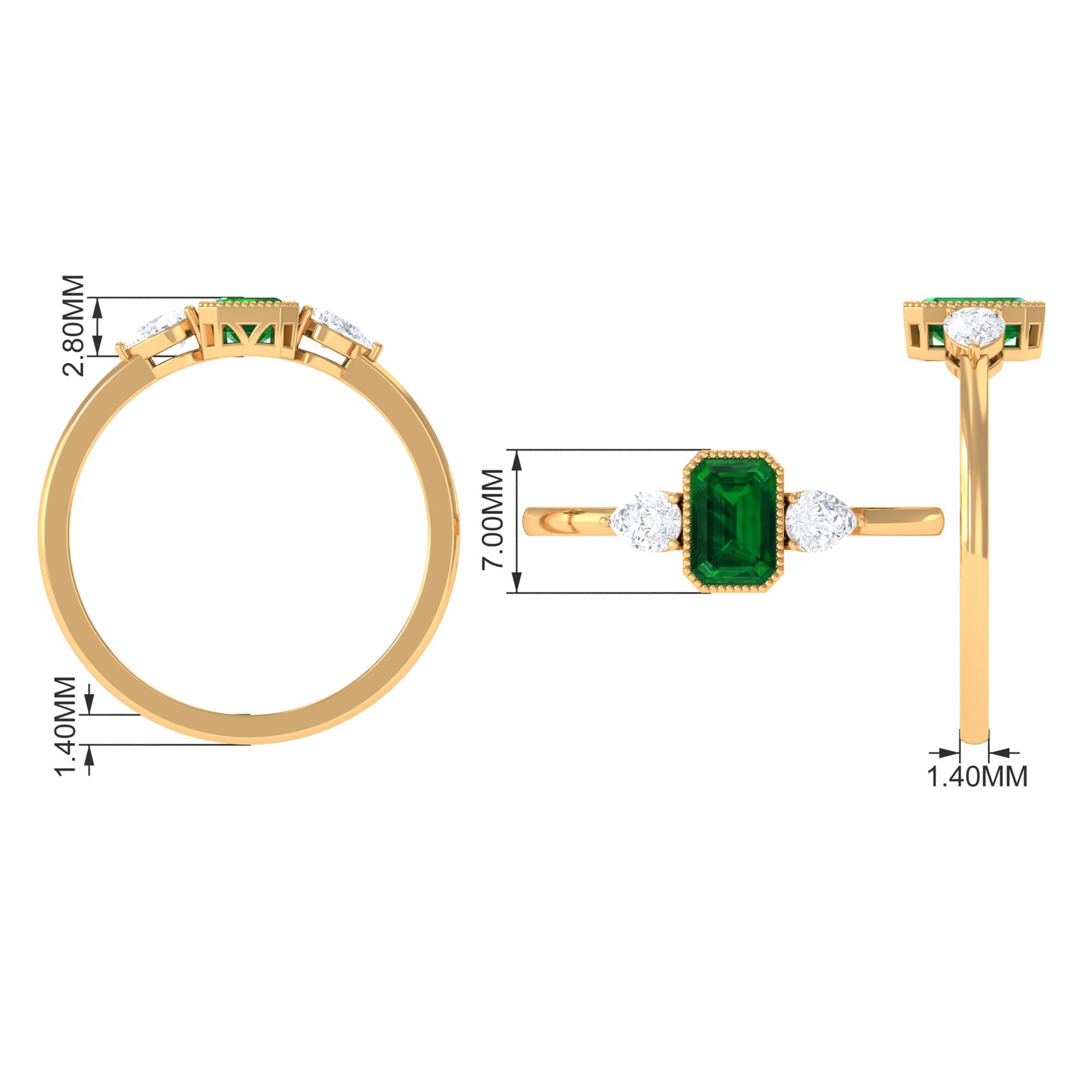 Rosec Jewels-Created Emerald and Diamond Three Stone Ring in Bezel Setting