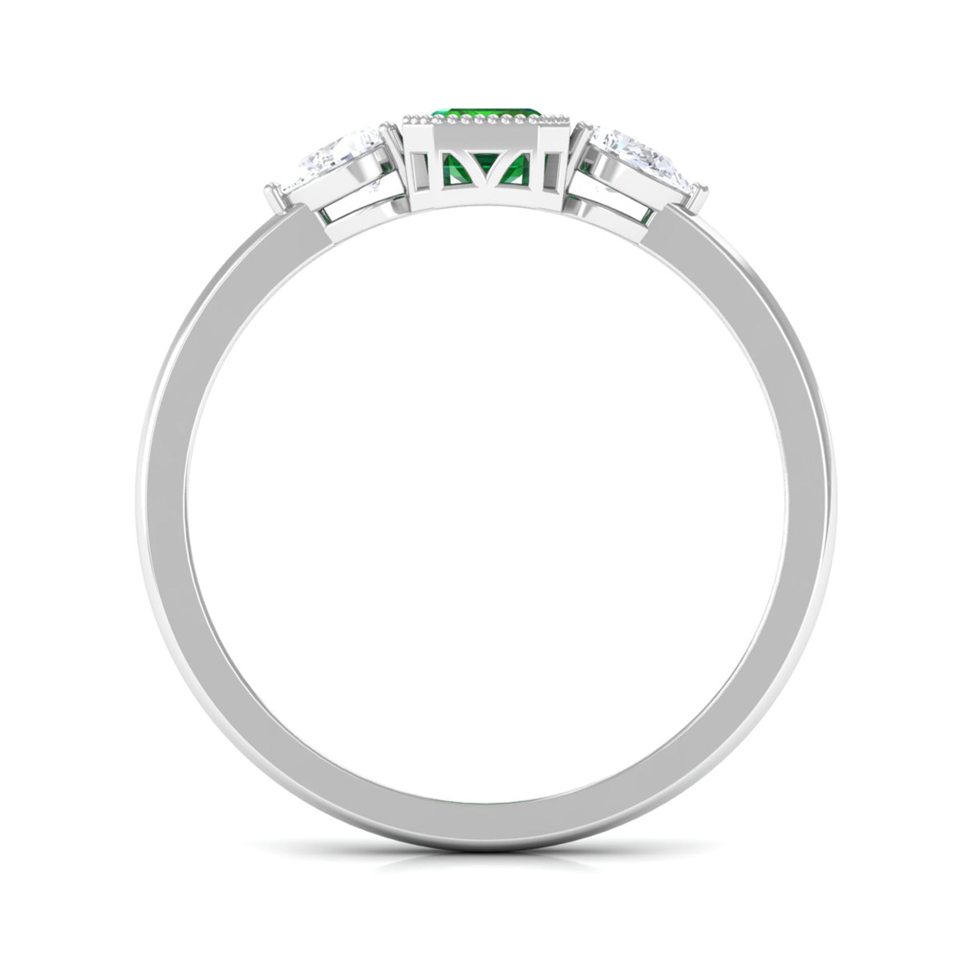 Rosec Jewels-Created Emerald and Diamond Three Stone Ring in Bezel Setting